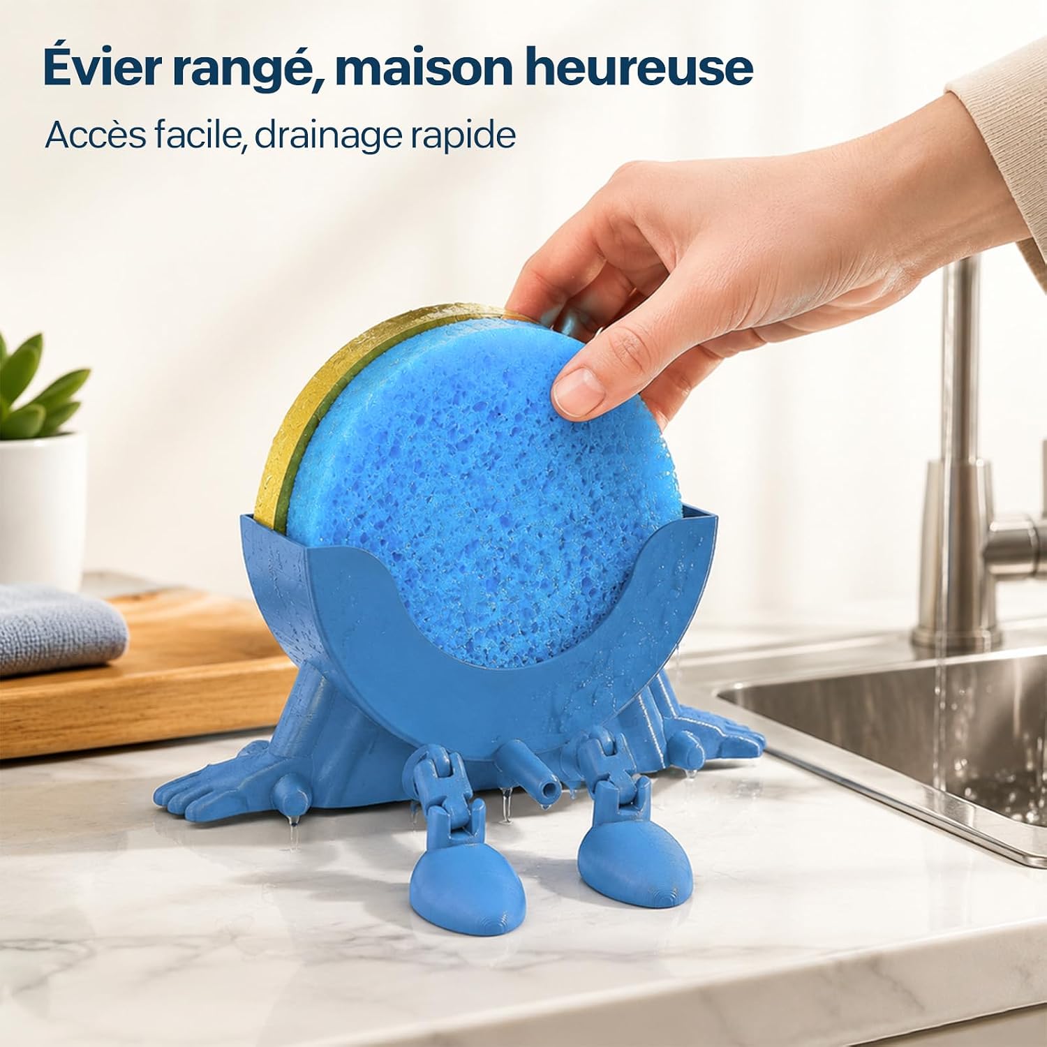 Hanging Sponge Holder with Drainage, 3D Printed Sink Caddy for Round Smile Sponges, Non-Slip Over-The-Sink Organizer, Cute Smiling Scrubber Stand Keeps Sponge Dry, Space-Saving (Black) image 4