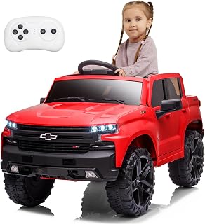 Licensed Chevrolet Silverado Electric Car for Kids, 12V Ride on Toys for Toddlers Kids Electric Ride On Truck w/Parent Remote Control, LED Lights, Truck Bed Storage, Horn, Soft Start (Red)