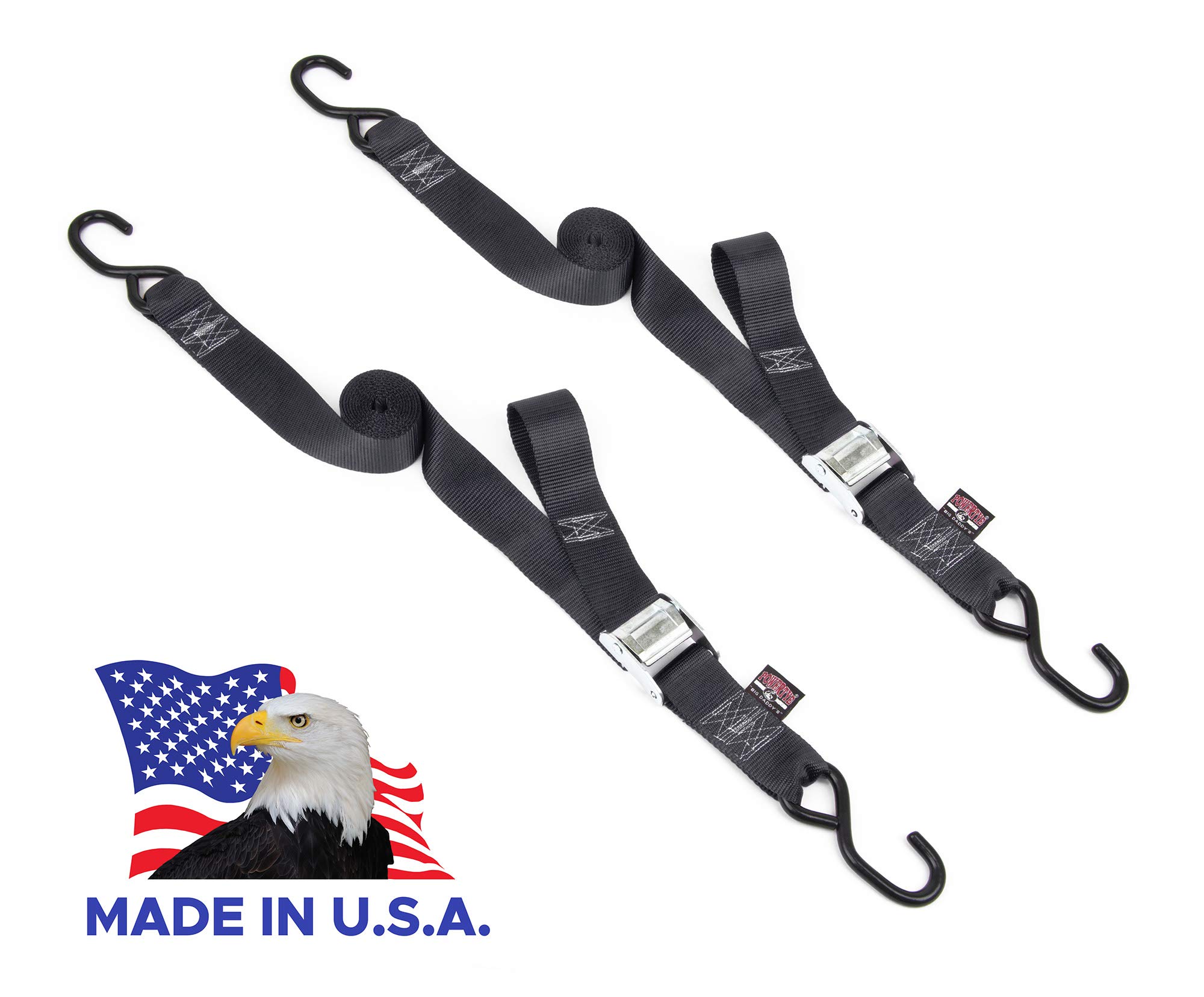 Powertye2in x 8ft Cam Buckle Tie-Downs with S-Hooks - Made in USA - 600 lb. Working Load Limit / 1,800 lb. Breaking Strength - Black (Pair)