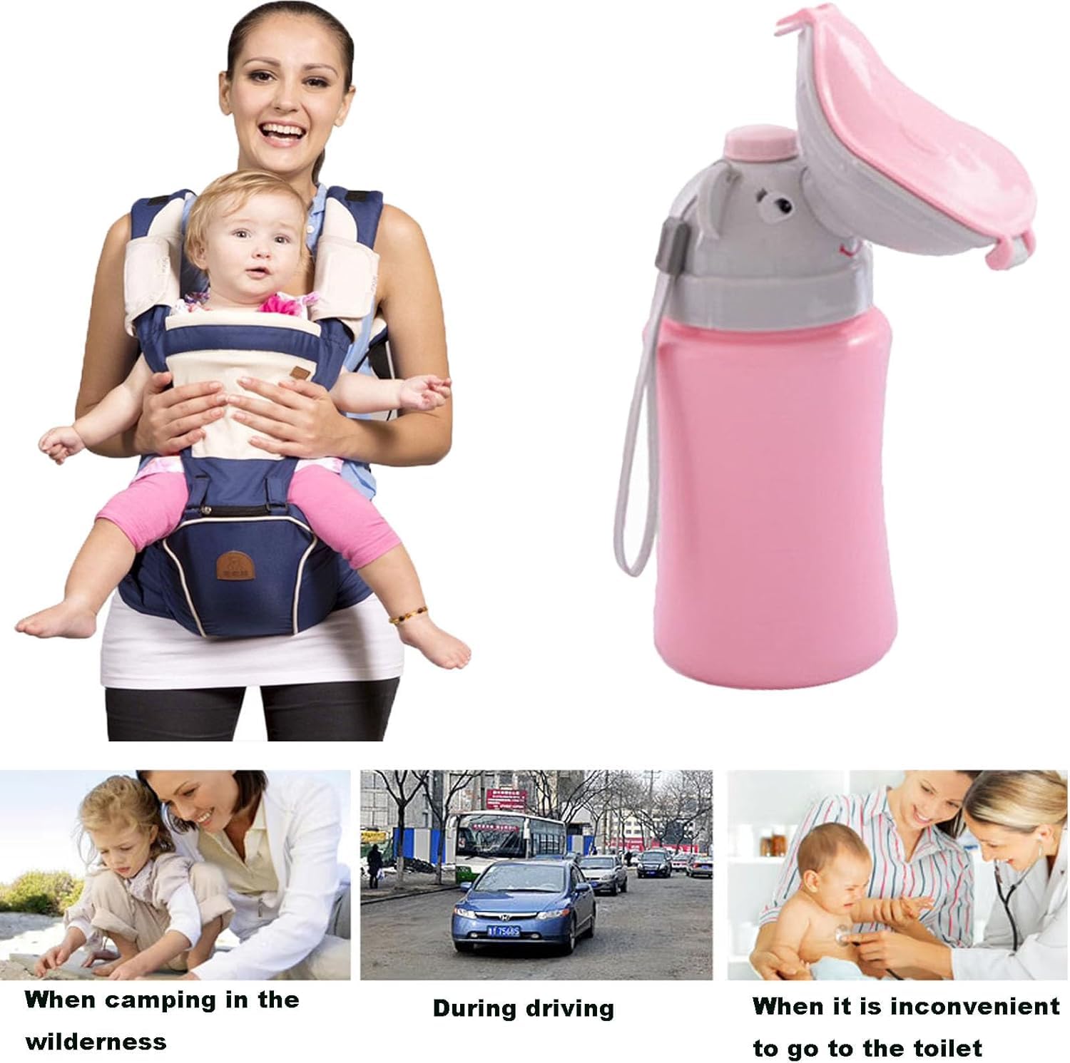 JHBK Kids Portable Elephant Urinal Bottle – Pink Leakproof Travel Pee Bottle for Boys & Girls | Cute Elephant Design Emergency Potty Bottle | Outdoor Car School Travel Pee Solution | Reusable Hygienic Kids Potty Bottle 1