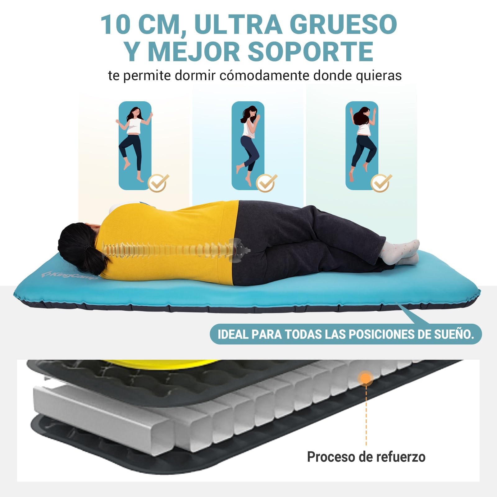 KingCamp colchoneta Inflable de Camping colchoneta Espuma Memoria Individual 10 cm Espesor colchoneta Inflable colchoneta de Camping Suave 50D TPU elástico Impermeable para Senderismo mochilero
