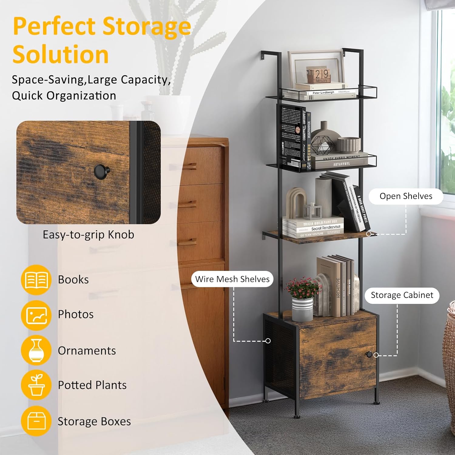 Shinoske Ladder Bookshelf,5 Tier Book Shelf with Storage Cabinet,Wall Mounted Industrial Bookcase for Small Space,Metal Frame,Tall Display Shelf for Living Room,Corner,Bedroom,Office,Brown - Image 4