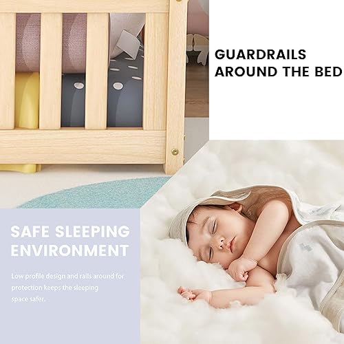 Miniatura 4 de Dolonm Cama de suelo para niños pequeños, cama Montessori de madera con barandillas de seguridad y puerta y listones de madera para niñas, niños y