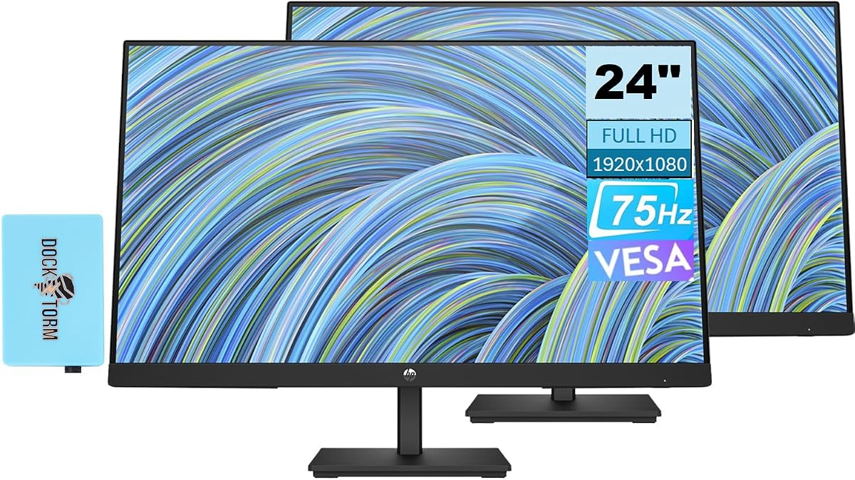HP V24v G5 FreeSync Monitor 65P62AA#ABA Paquete con base Docztorm, pantalla FHD VA de 24" (1920 x 1080) 75 Hz, 1 HDMI 1.4, soporte VESA (3.937 x 3.937 in), ideal para el hogar y la empresa, negro (último modelo 2025) (paquete de 2)