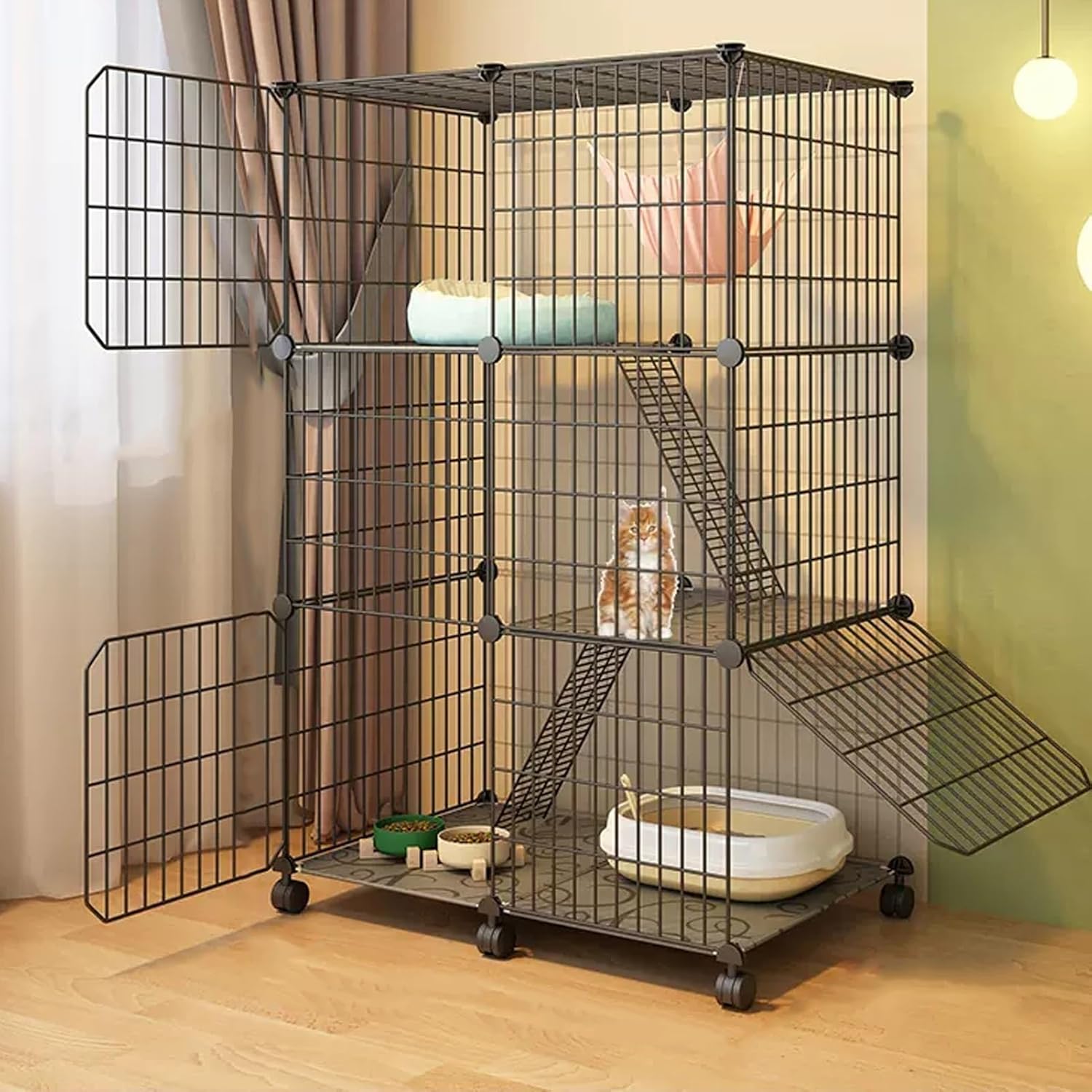 2/3-Tier Wire Cat Cage, Cat Playpen Enclosure with 360°Caster Wheels and Ladders, Detachable Cat Kennel Pet Enclosure, for 1-3 Cats Small Animal(Black D,29x19x45/73x49x115cm)