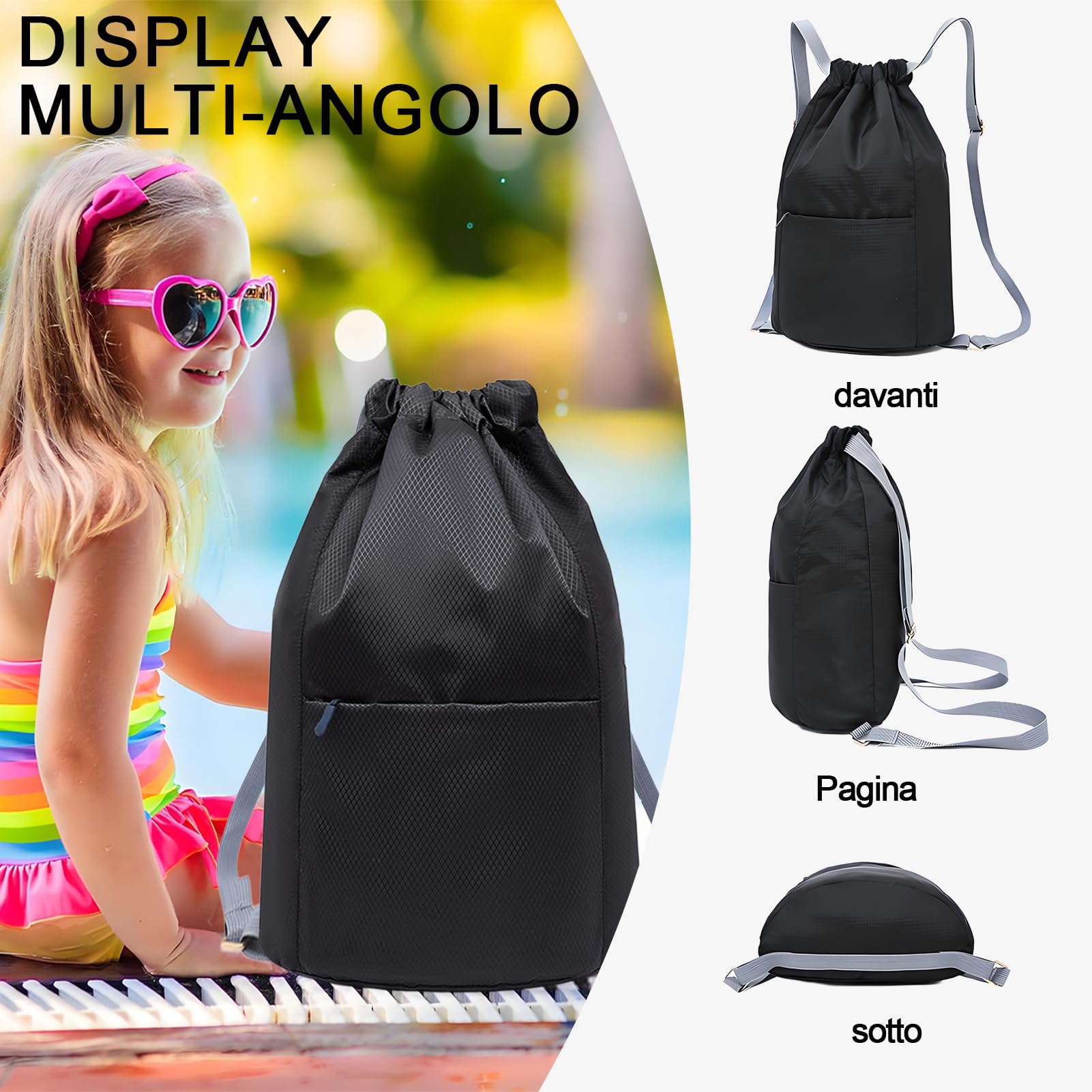 Borsa da palestra impermeabile con coulisse, borsa sportiva per donna e uomo, zaino pieghevole con coulisse di grande capacità, borsa con coulisse per escursionismo, campeggio, viaggi, nuoto (nero)