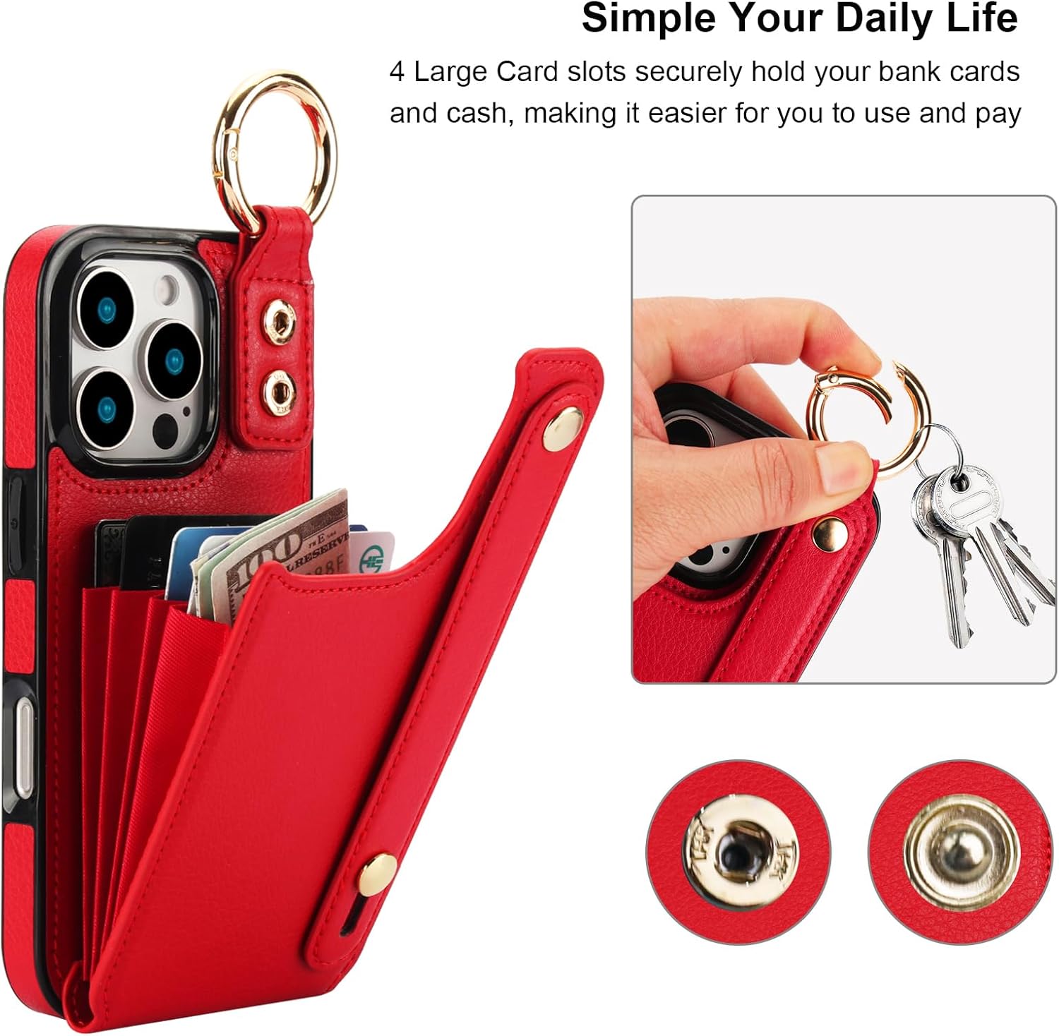 Folosu for iPhone 16 Pro Wallet Case with Card Holder, Hand Wrist Strap Loop Holder Kickstand, RFID Blocking Finger Grip Ring PU Leather Double Buttons Shockproof Cover 6.3 Inch Red