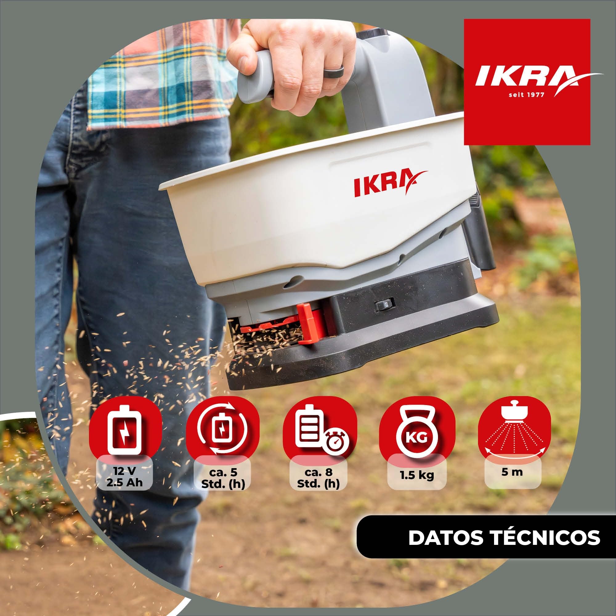 IKRA esparcidor IAST 12, ancho de esparcimiento 5m, incl batería y cargador | Esparcimiento eficaz de fertilizantes, sal para carreteras, semillas y pienso, gama de baterías de 12 V de IKRA