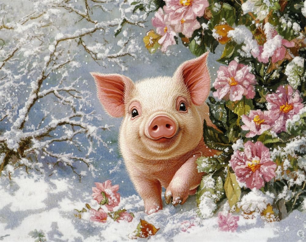 Henypt Cross Stitch Kits for Adults Pre Printed, Cute Pig and Flowers in The Snow DIY 11Ct Embroidery Sewing Starter Kit Stamped Needlework Easy Beginners (Stamped Home)