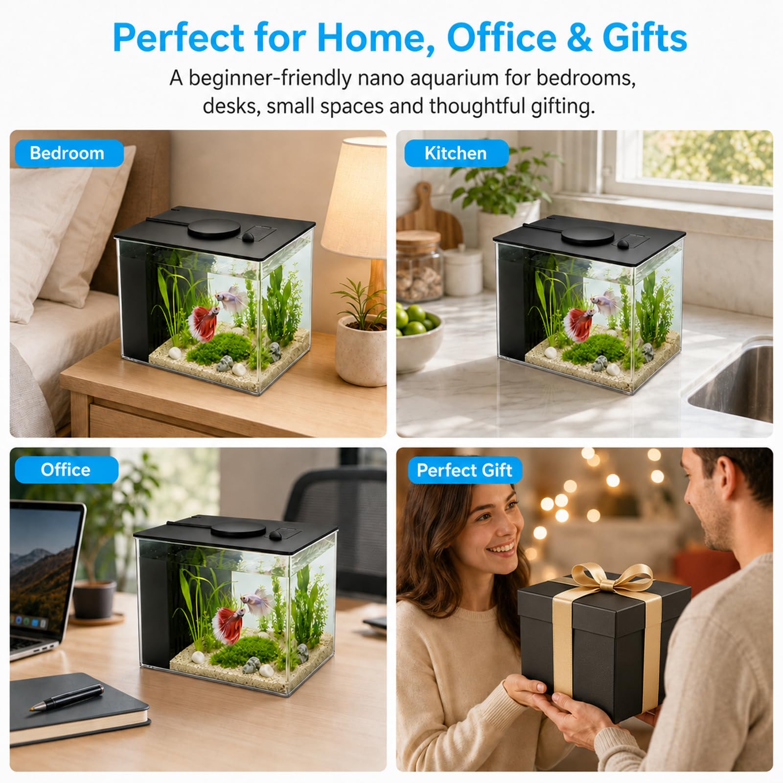 Piccolo acquario Betta da 3,7 l, set completo, mini acquario in acrilico con pompa filtro, illuminazione a LED, ideale per piccoli pesci, gamberetti e piante (nero)