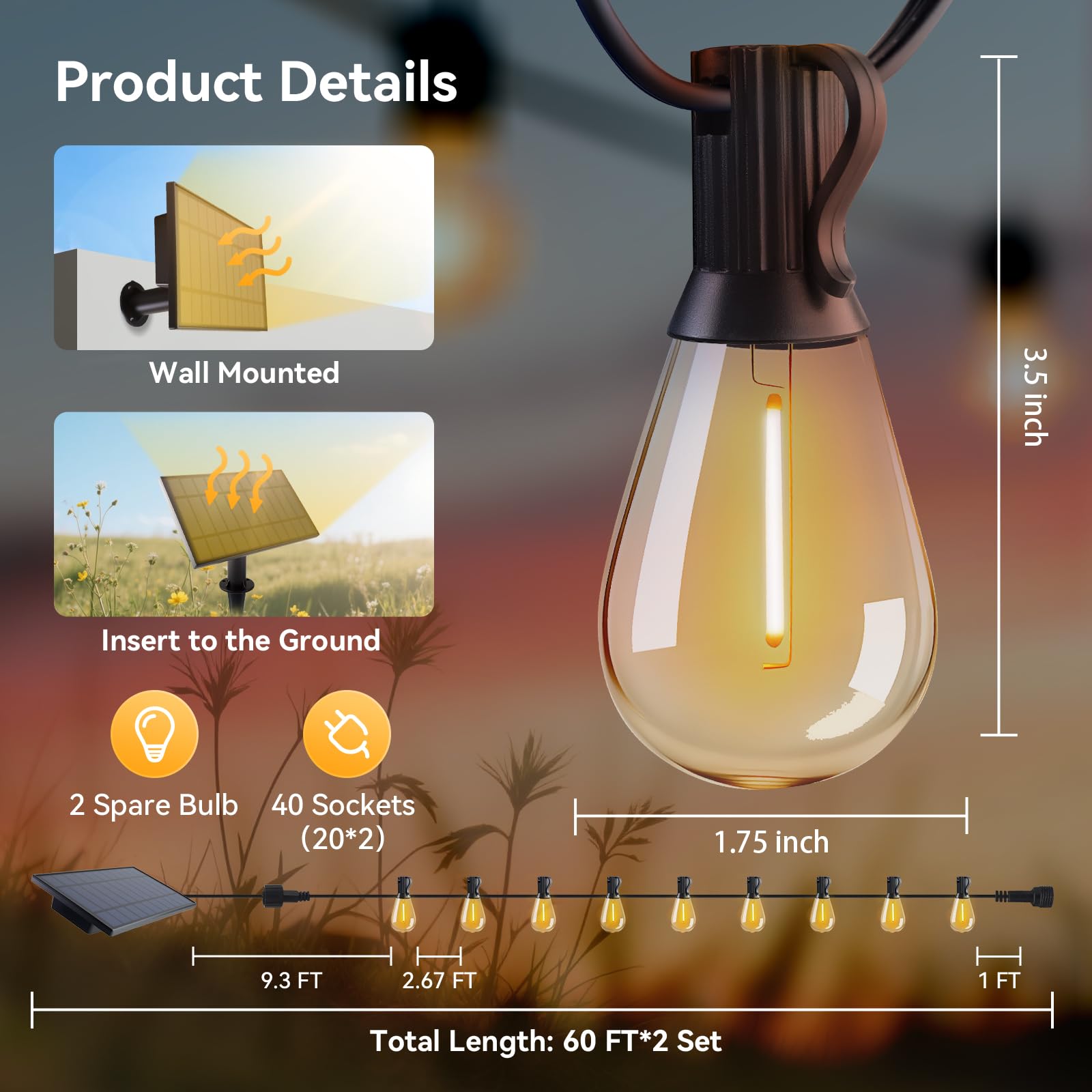 HJQ Guirnalda de luces solares de 120 pies (60 x 2) para exteriores, impermeables, luces solares para patio con control remoto y puerto USB, 20 + 1 bombillas LED inastillables, 3 modos, iluminación