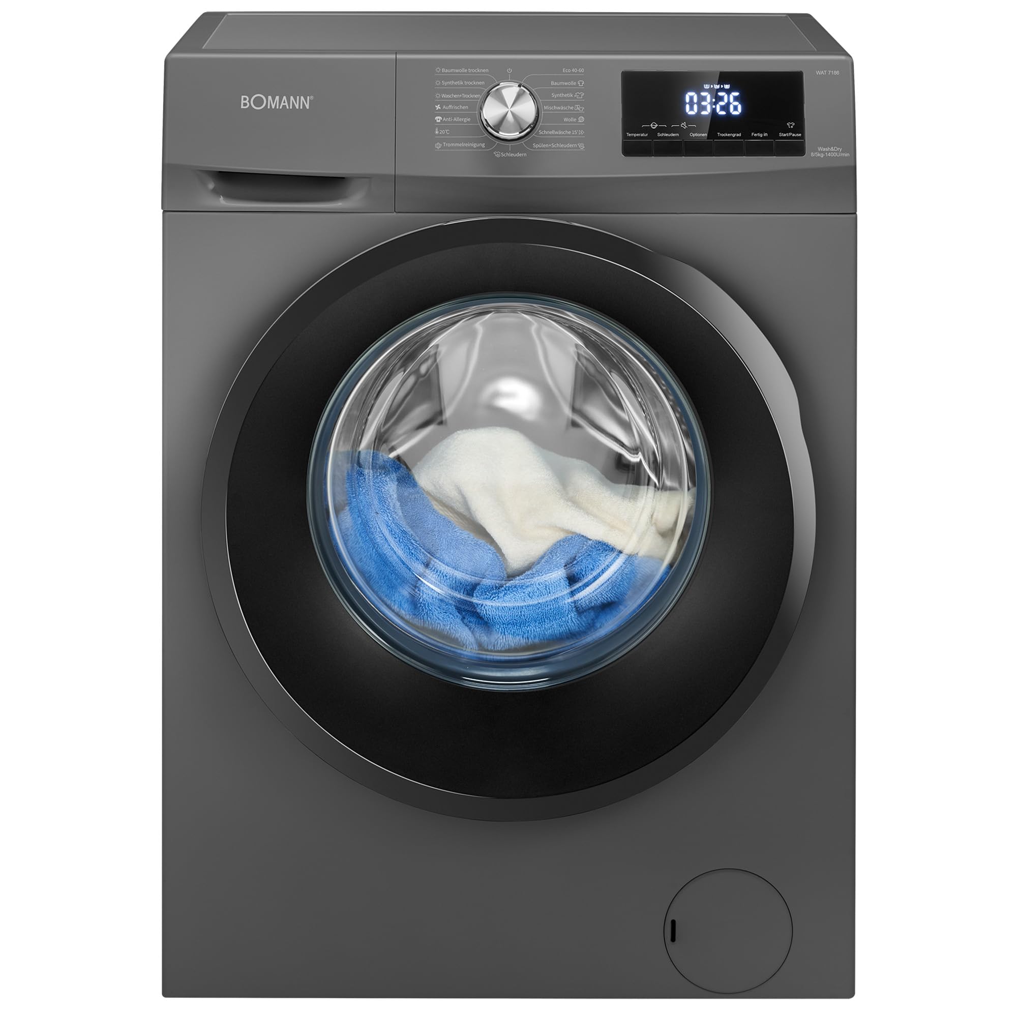 Bomann Washing Machine Dryer | Single Pass Wash and Dry | 8 kg Wash, 5 kg Drying | Inverter Motor | 1400 RPM | Steam Function | Washer with Built-In Dryer | WAT 7186 Titanium