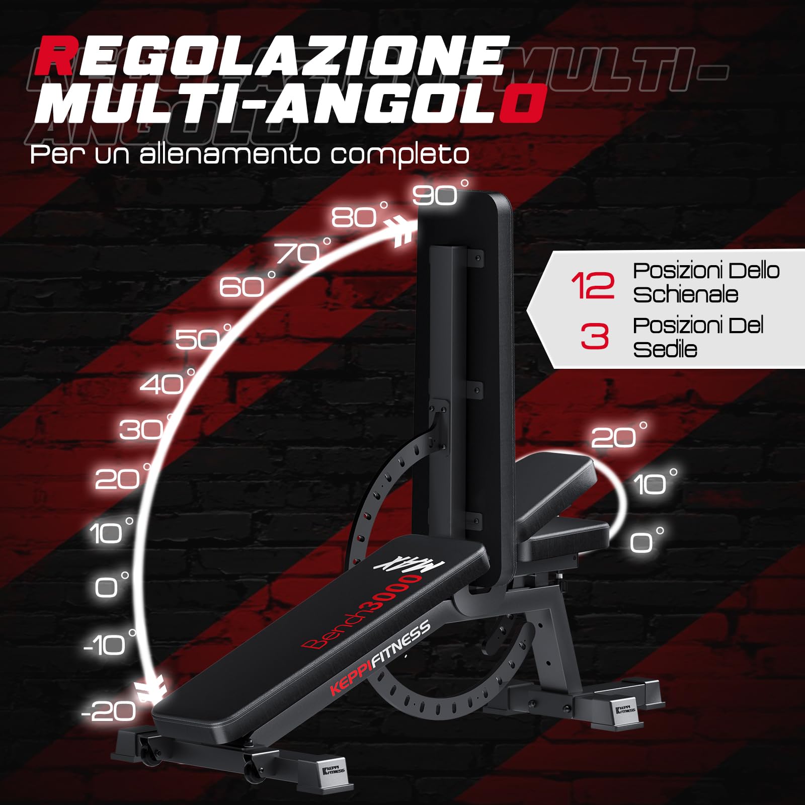 Keppi Panca Palestra Multifunzione, con 600 kg Capacità - Regolabile con Estensione per Gambe e Cuscinetto Preacher, Design Ultra Resistente per Casa - Bench3000 Max