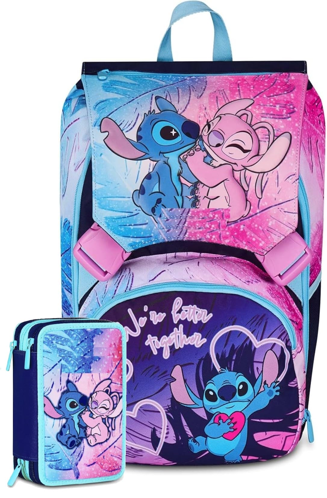CO-MA Schoolpack Zaino Scuola Stitch Viola Estensibile + Astuccio 3 Zip Completo + Omaggio Braccialetto