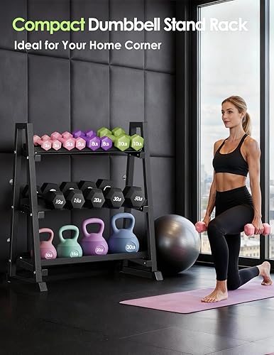 Miniatura 7 de Leteuke Estante para mancuernas, 3 niveles, resistente para gimnasio en casa, marco trapezoidal, ahorro de espacio, estantes de almacenamiento de