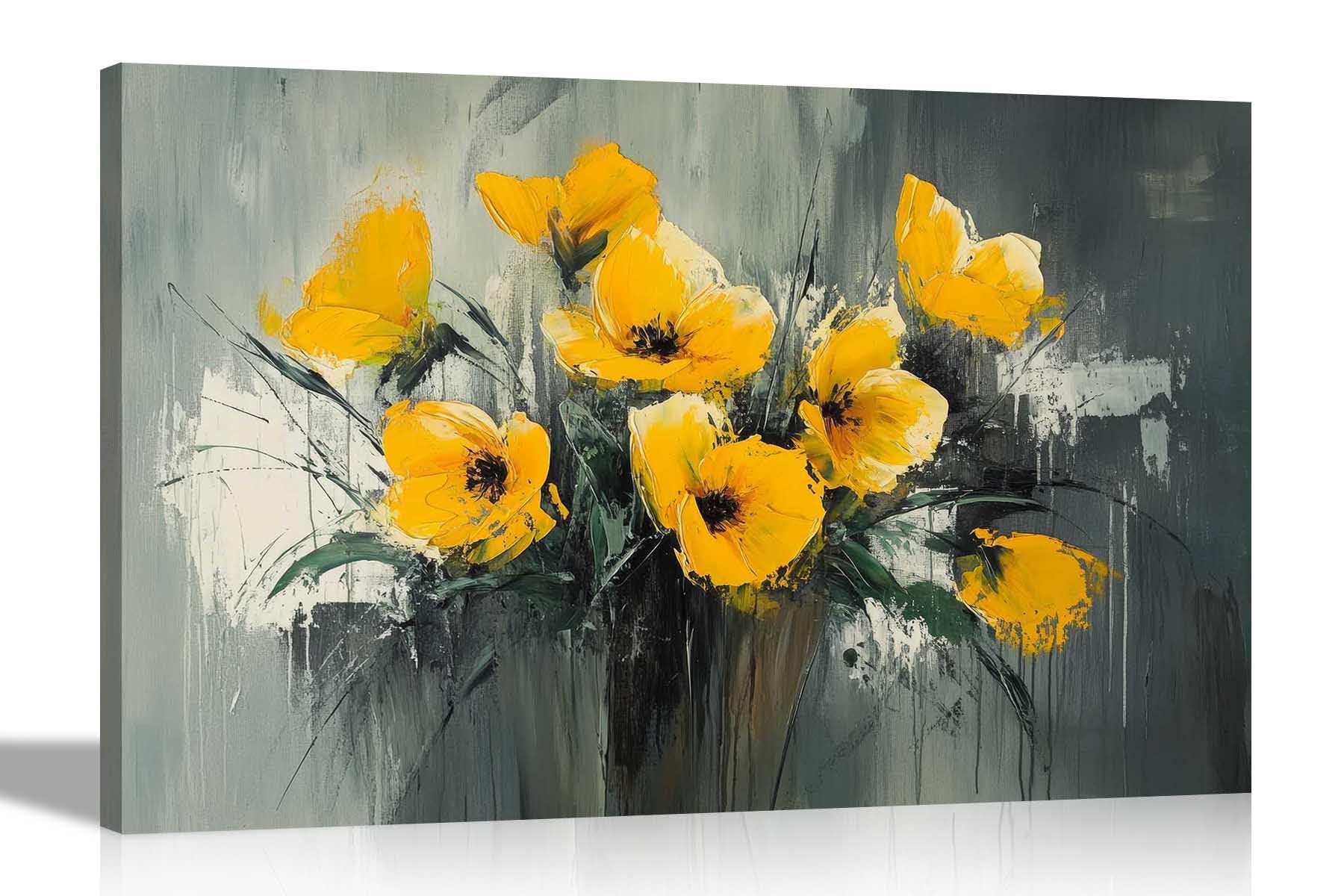 Artley Prints - Abstract Yellow Flowers in Vase Canvas Wall Art Modern Framed Prints For Special Occasions Nature Home Office 76 x 50cm (30 x 20 inches)