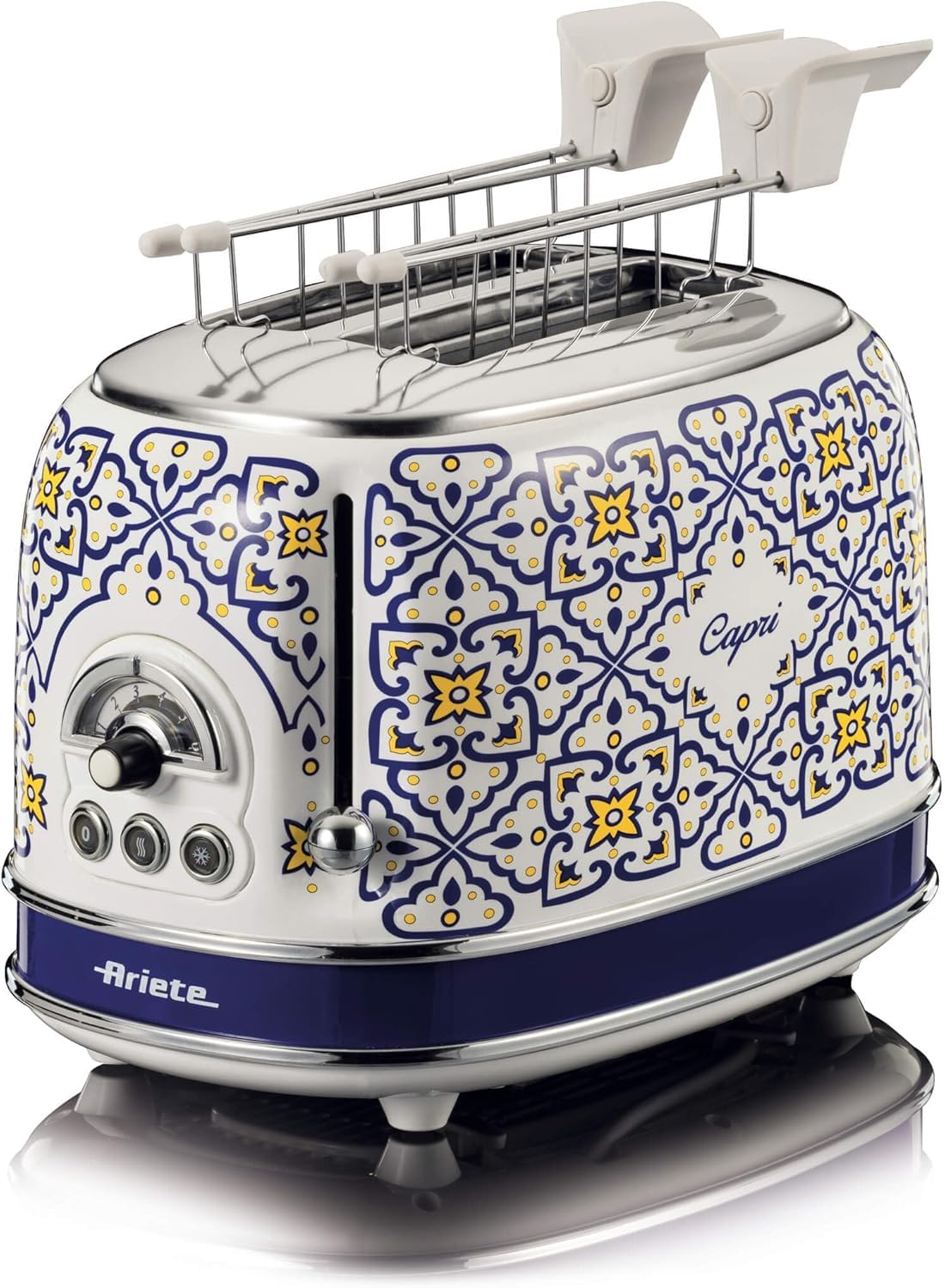 Ariete Toaster 155 capri, Mediterranes Design, 6 Bräunungsstufen mit Automatischem Auswurf, Krümelfach, Toast-, Aufwärm- und Auftaufunktion, 810W