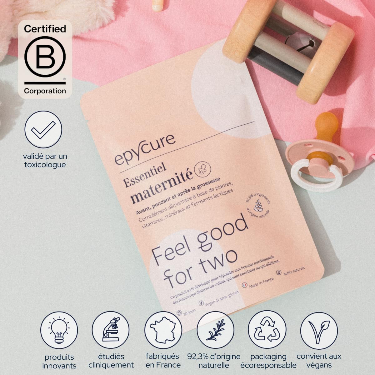 EPYCURE - Cure Essentiel Maternité - Croissance Tissus Maternels et Bien-Être - 100% Naturel - Vitamine B9, Camomille, Lactobacillus, Magnésium, Fer, Iode - 1 Mois - Vegan