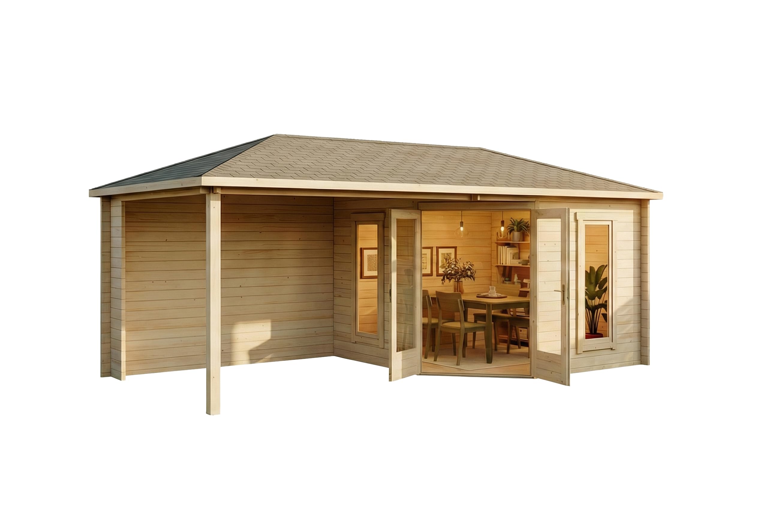 Alpholz 5-Eck Gartenhaus Liwa aus naturbelassenem Holz mit 40mm Wandstärke und Walmdach, Größe: 595 x 300 cm