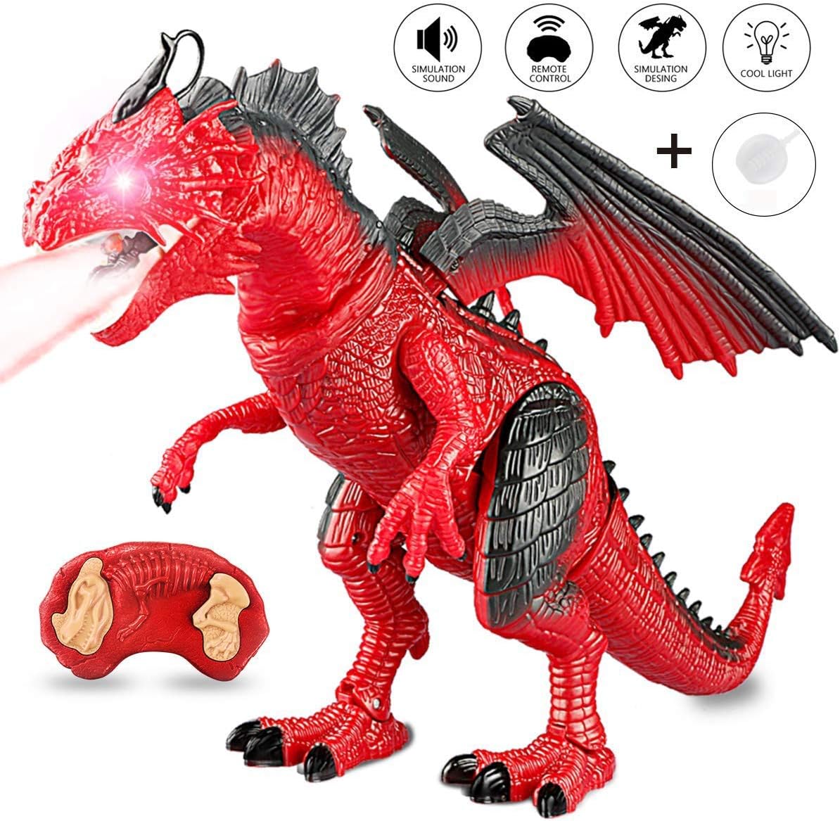 CALOVER Remote Control Dragon R/C Walking Dinosaur Pet Toy Animal for Red Dragon Figures Learning with Roaring Spraying Light Up Eyes for Birthday Xmas Gifts