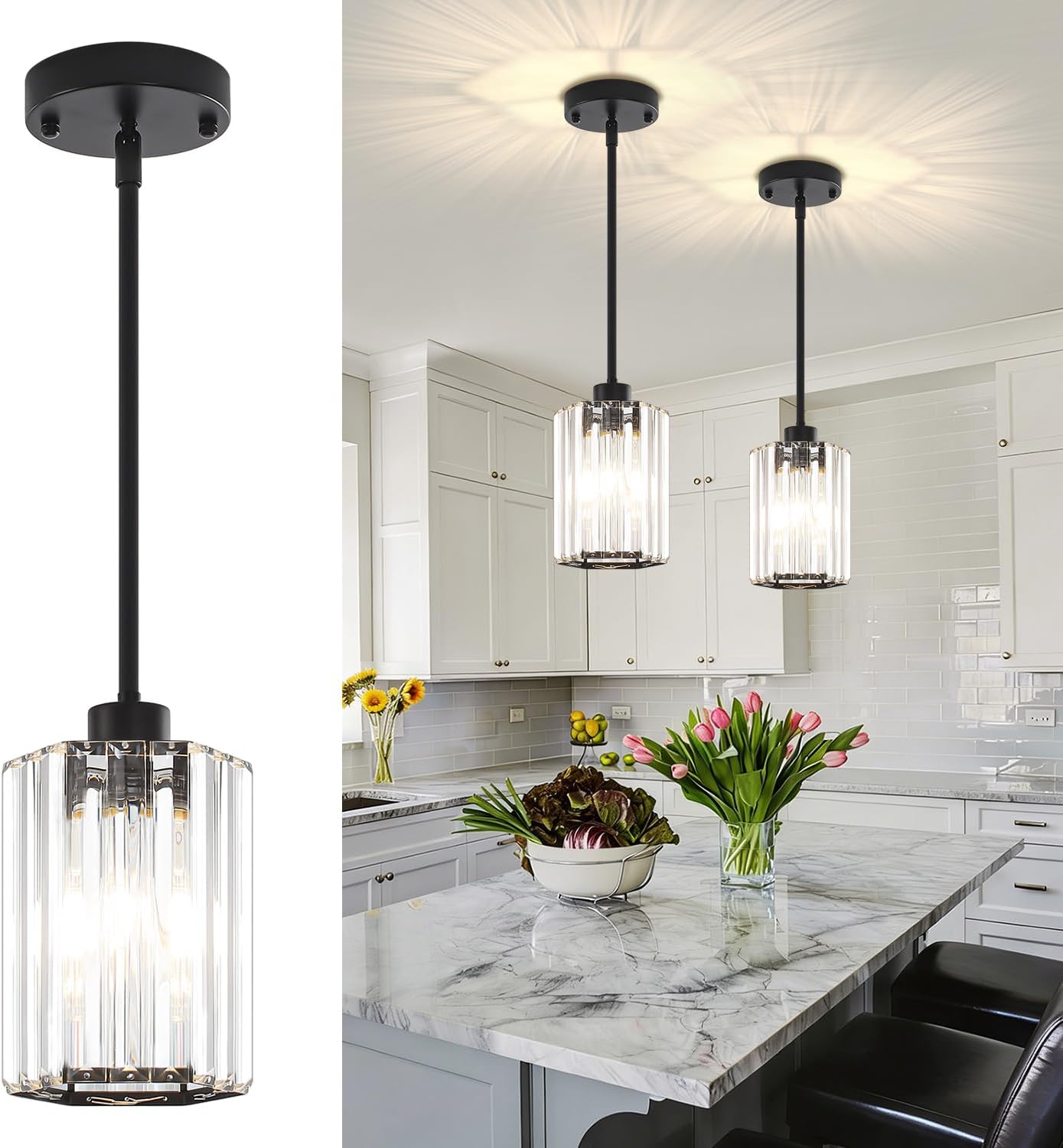 2-Pack Black Pendant Lights Kitchen Island Modern Crystal Hanging Pendant Light Hexagonal Mini Chandelier Adjustable Hanging Kitchen Lights for Dining Room Hallway Bedroom Entryway Light Fixtures