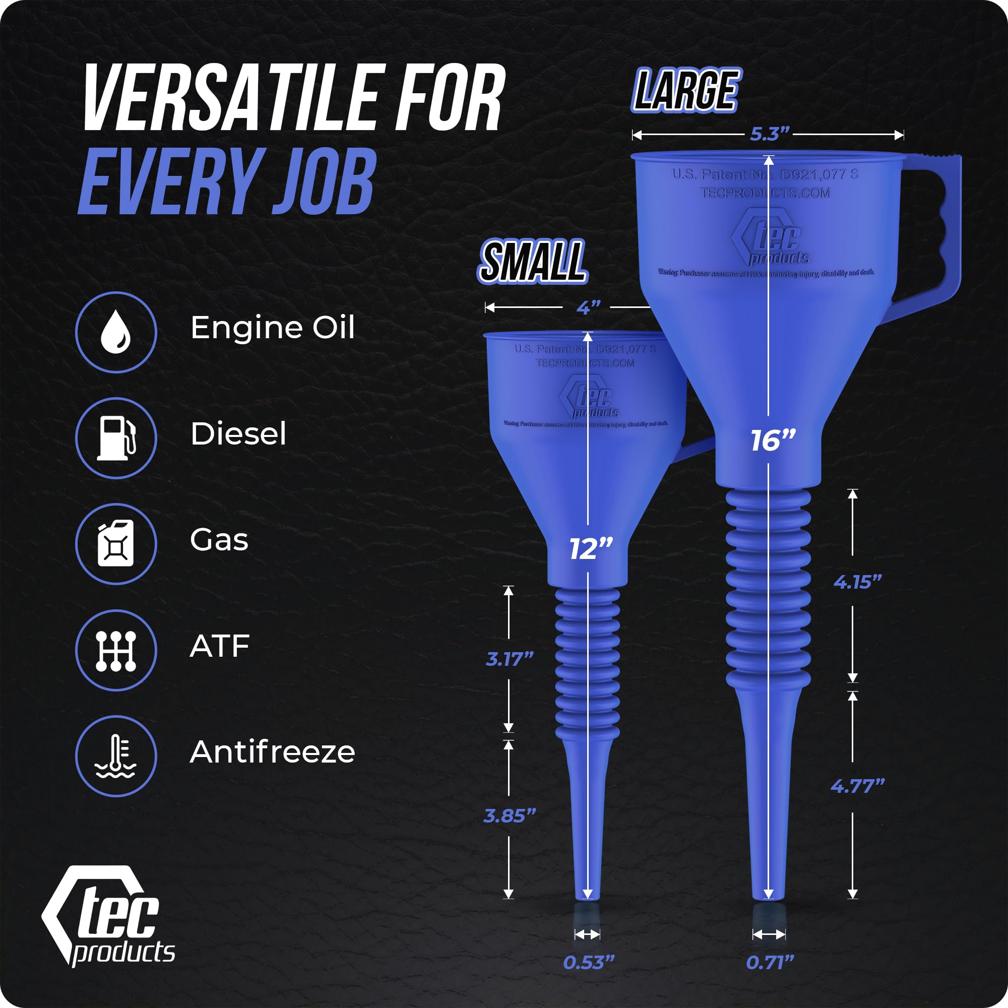 TEC Products FlexAll Embudos largos y flexibles, embudo de aceite automotriz con manguera, goma de nitrilo duradera para cambio de aceite, líquido de transmisión, diésel, combustible, gas, fabricado