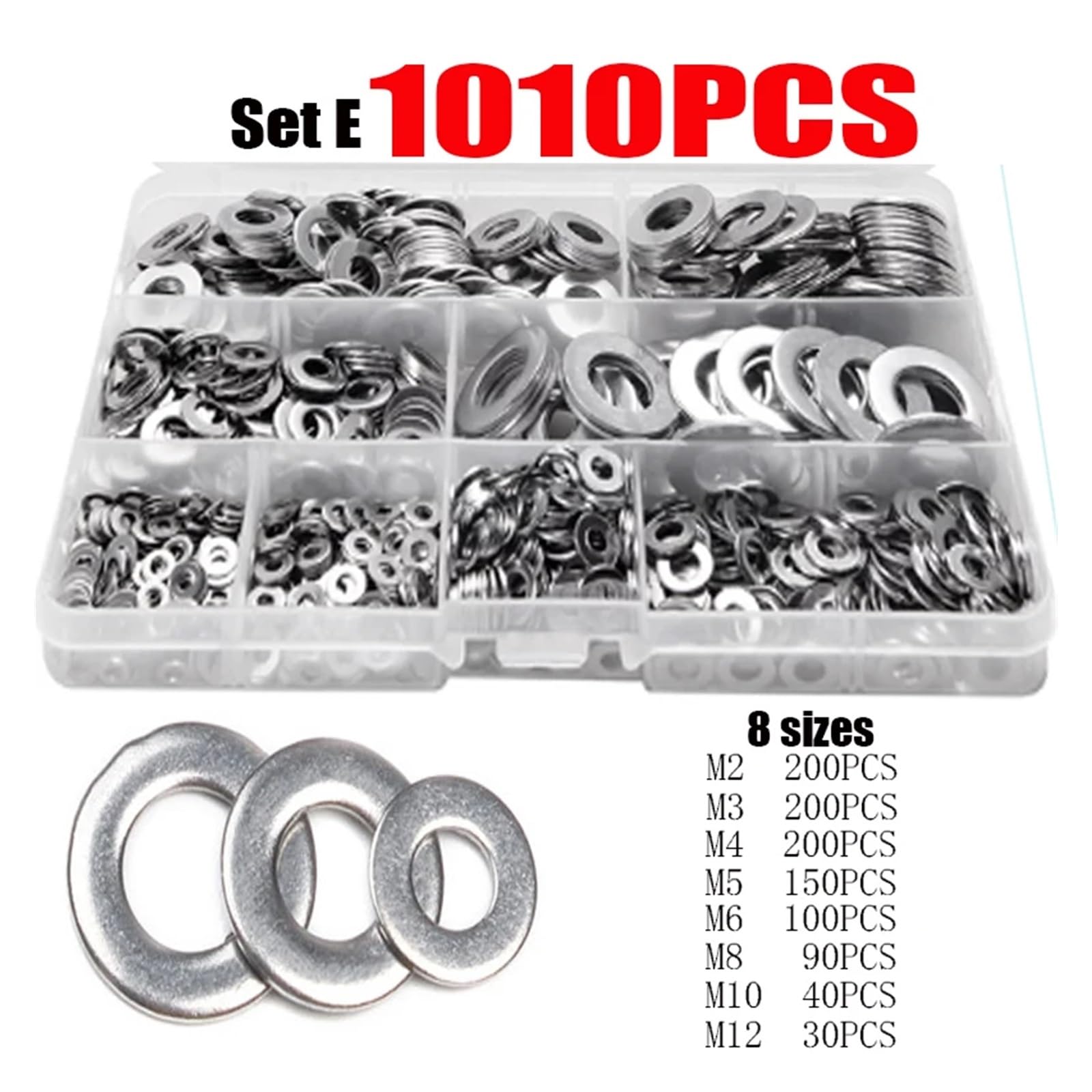 180/360/580/684/1010 STK. M2 M2.5 M3 M4 M5 M6 M8 M10 M12 304 Edelstahl-Unterlegscheibe Einstelldichtungs-Sortiment(580PCS M2M12)