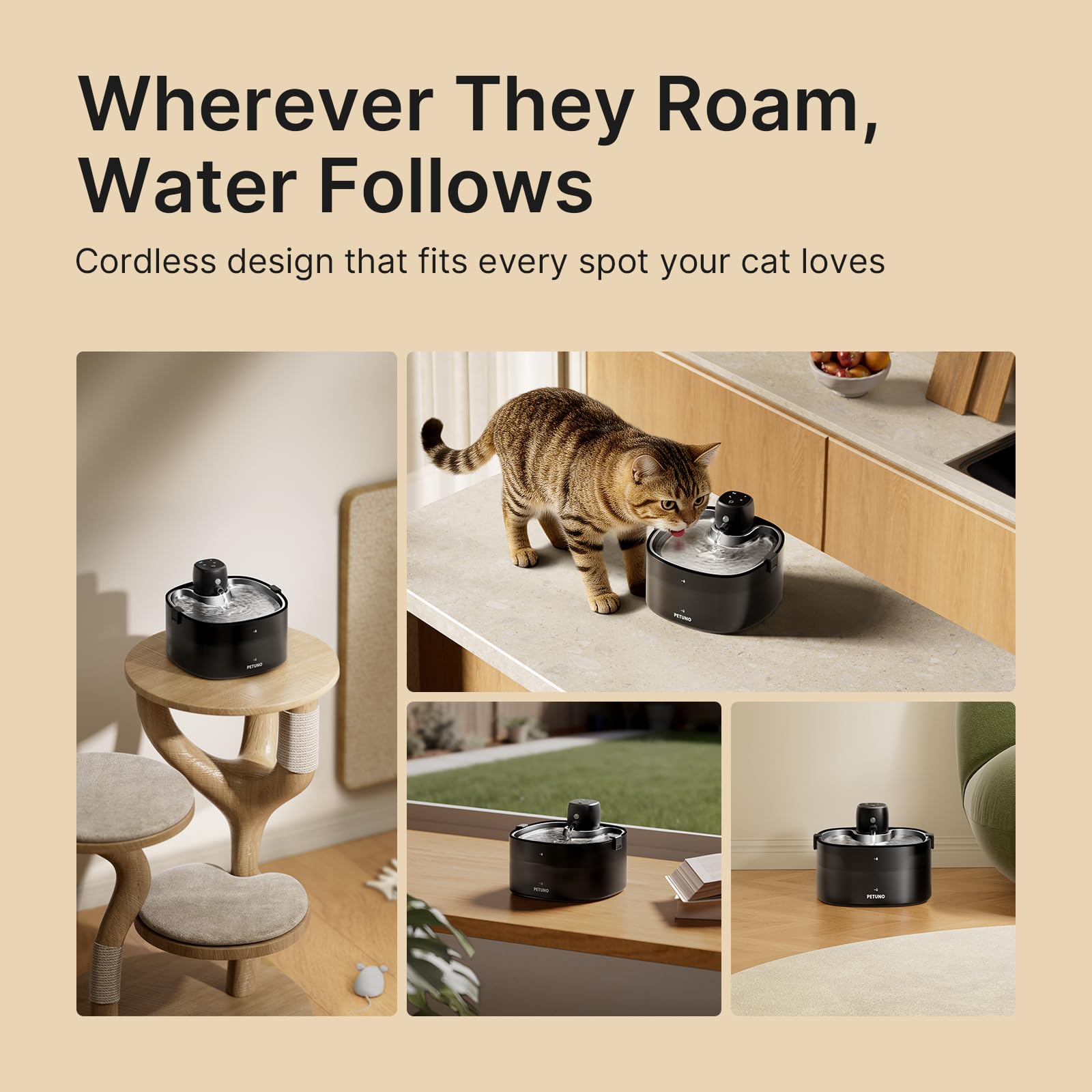 Fuente de agua inalámbrica para gatos, fuente para gatos, funciona con pilas, 4000 mAh, 2,3 L, fuente de agua para mascotas inalámbrica con sensor de movimiento y bandeja de acero inoxidable, bomba