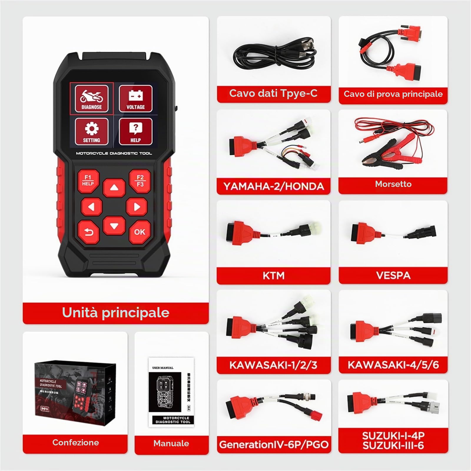 Lettore di codici M4 per moto, strumento diagnostico per Kawasaki 1-6P, Yamaha 3-4P, Honda 4P, Suzuki 4-6P, Vespa/KTM, codici di lettura/cancellazione, ripristino servizio, spurgo ABS, OBD2, 17