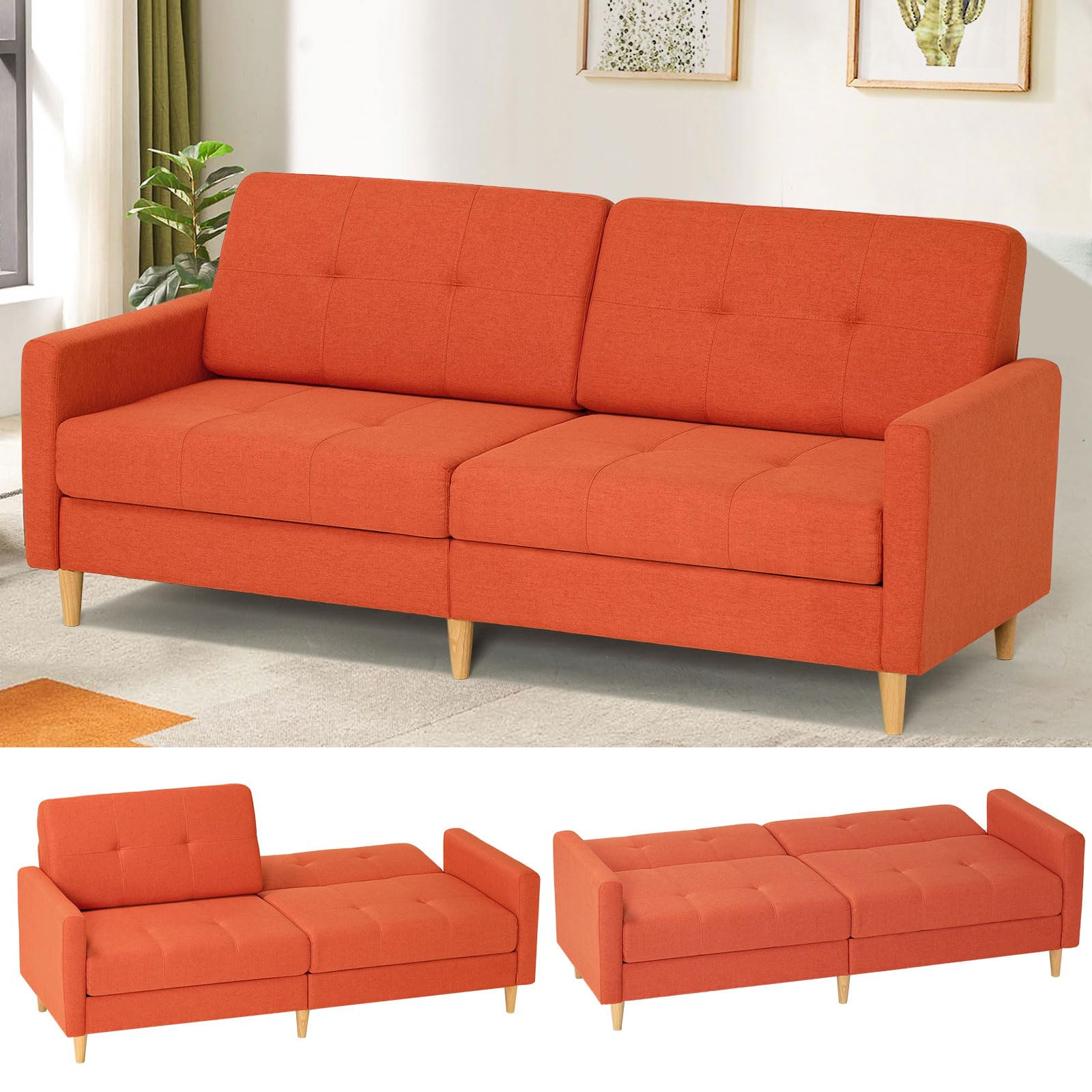 77" Linen Fabric Sofa Bed with Adjustable Backrests, Convertible Loveseat Sofa with Storage Space, Modern Sleeper Couch with Wooden Legs for Living Room, Bedroom, Orange