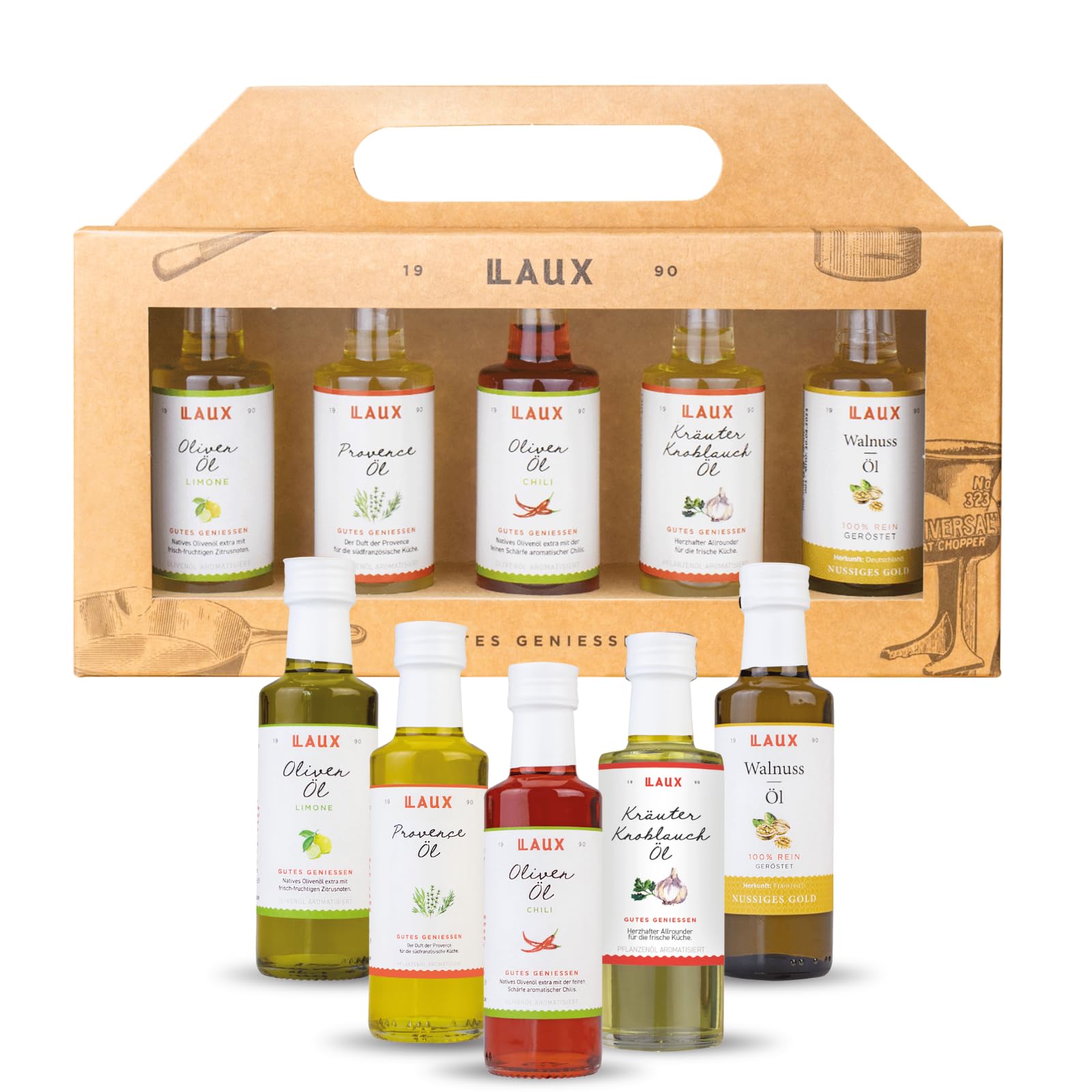 LAUX Öl Geschenkbox - 5er Set mit Olivenöl, Wallnussöl, Provence & Kräuter Knoblauch Öl - Salate & Herzhafte Gerichte - Geschenk-Idee zum Valentinstag (5x 40ml)