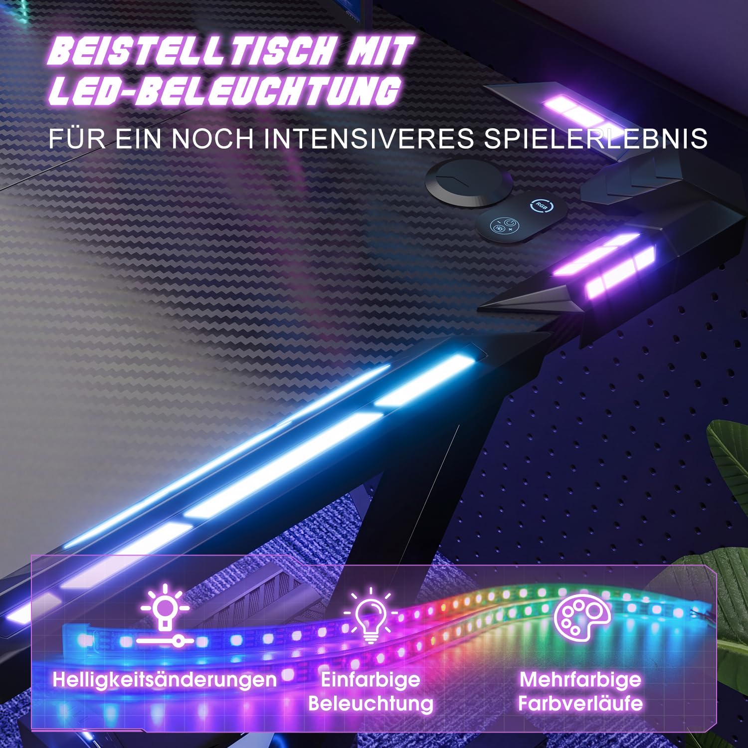 Devoko 120 x 60 cm Gaming Tisch, Gaming Schreibtisch mit LED, Kohlefaser-Oberfläche, Ergonomic Gamer Tisch with Drink Holder, Headphone Hook, Stabiler Computertisch