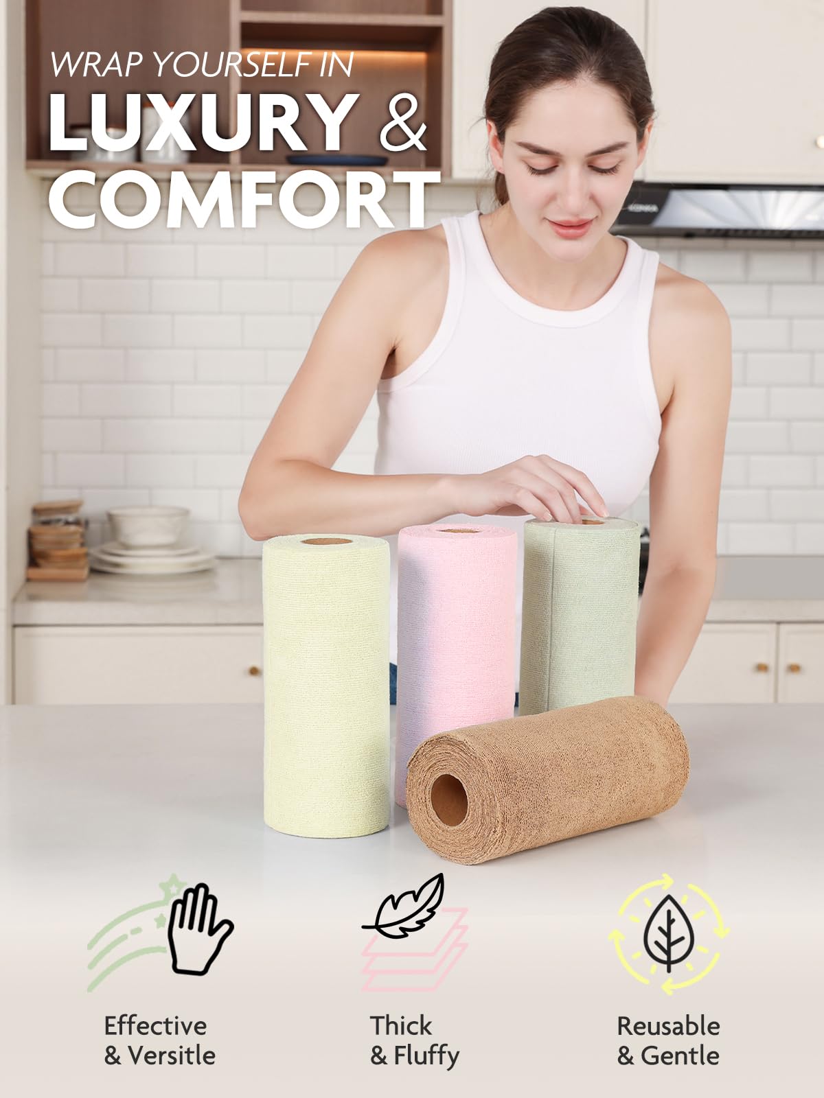 Fantasticlean Abreißbares Geschirrtuch, 80 Blatt, 4 Rollen, 25,4 x 25,4 cm, wiederverwendbare waschbare Küchentücher, super saugfähige Mikrofaser-Reinigungstücher (Rosa, Grau, Beige, Hellbraun)