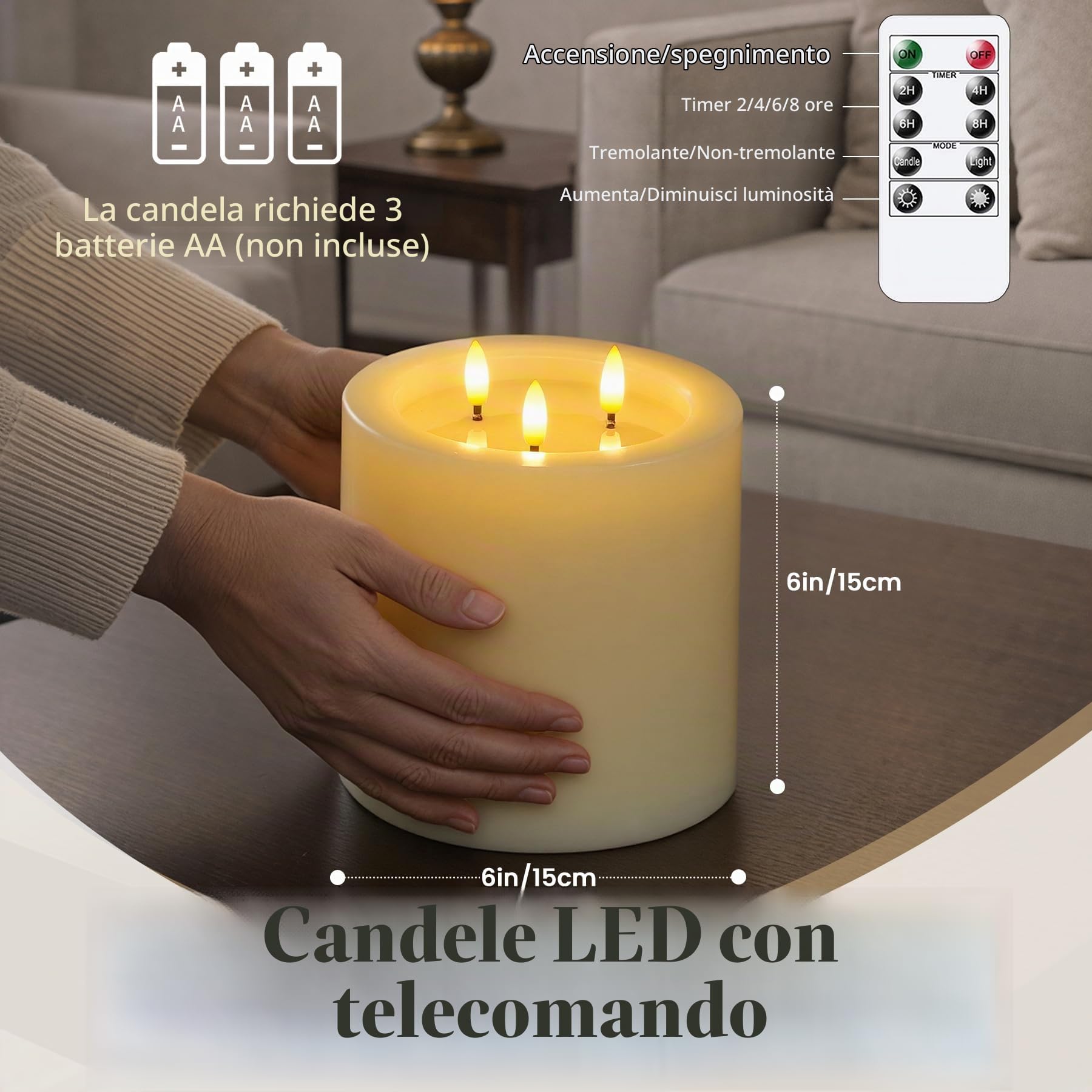 Yeelida Candela a LED senza fiamma di grandi dimensioni a 3 stoppini 15x15cm con telecomando e effetto olio di cera, funzione temporizzazione Candela di cera reale avorio sfarfallanti a batteria