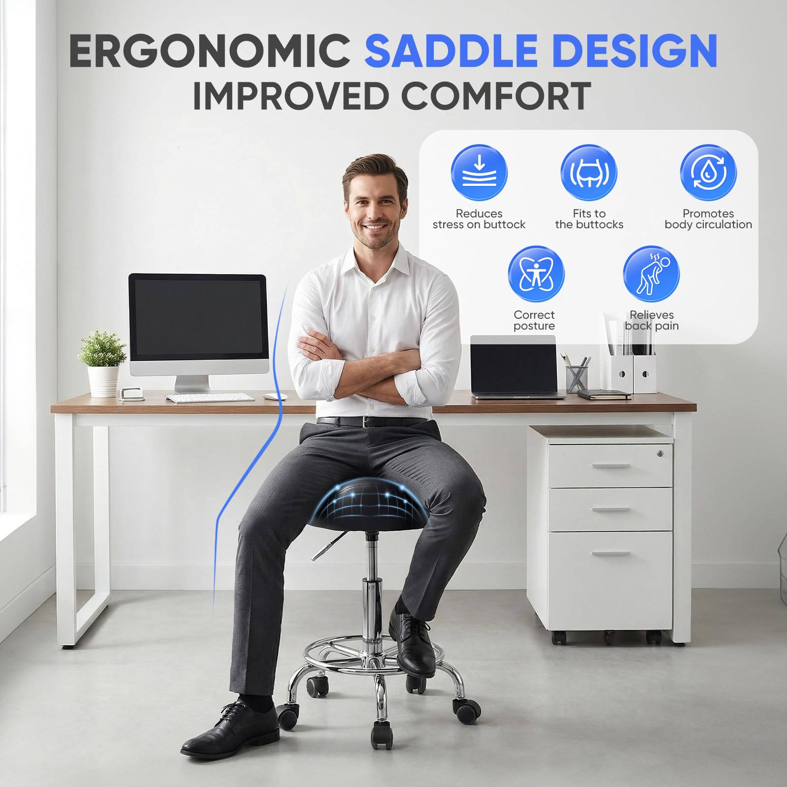 Sattelstuhl Ergonomisch- Sattelhocker mit Rollen (Leise, 360°), Höhenverstellbar 48-57 cm, Hochdichter Schaum, Bis 150 kg, Metallfuß - Bequemer Sattelhocker für Büro, Salon, Massage, Zuhause