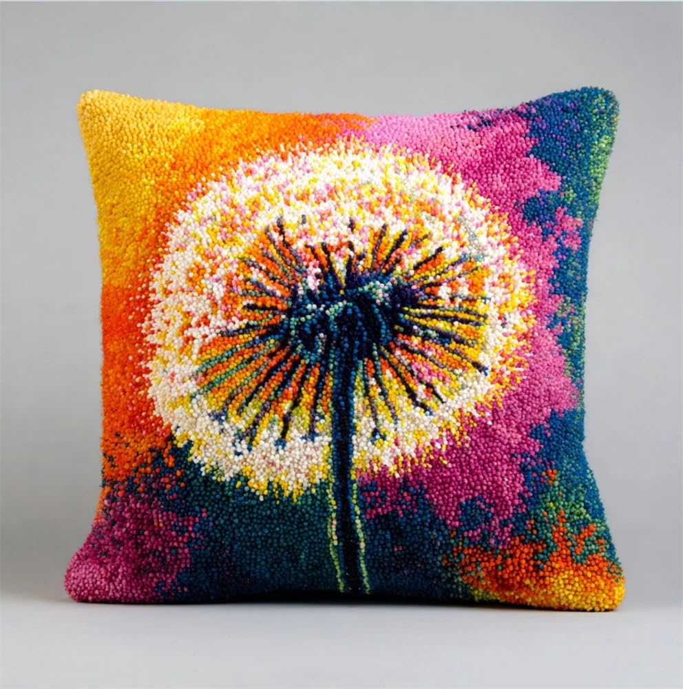 kitphoenix Latch Hook Cushion Kit -Dandelion 17X17Inch, DIY Needlework Pillow Cover Cushion Rug Making Kit for Adults