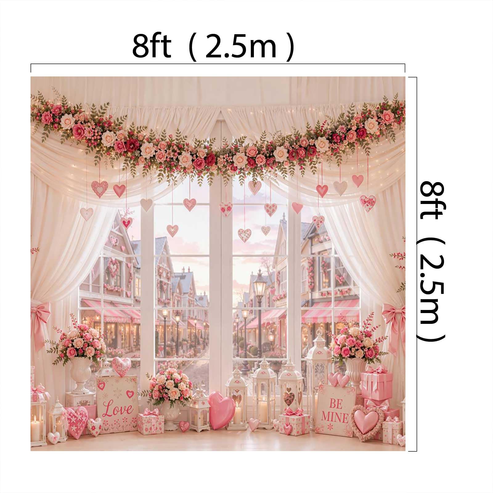 Kate Sfondo Fotografico 8x8ft San Valentino Parigi Finestra Cuori Fiori