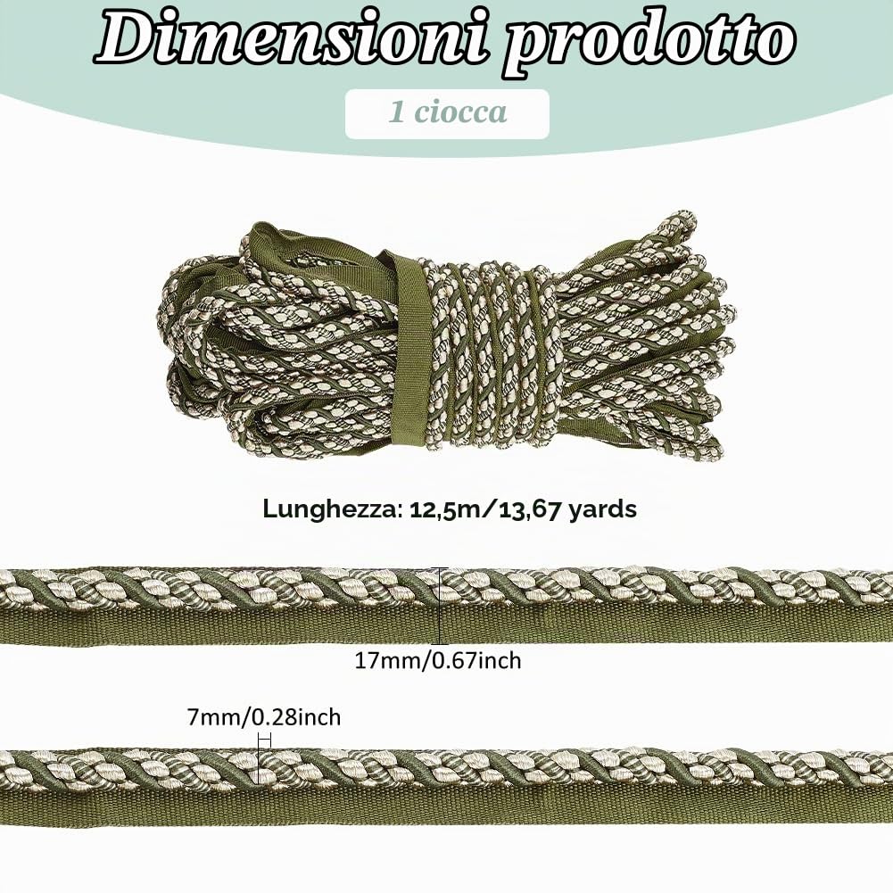 PH PandaHall 12.5m Cordoncino per Labbra Ritorto Passamaneria Passamaneria per Cucire Passamaneria Larga 17mm Verde Passamaneria Decorativa con Cordoncino per Cuscino, Tenda, Divano, Decorazione