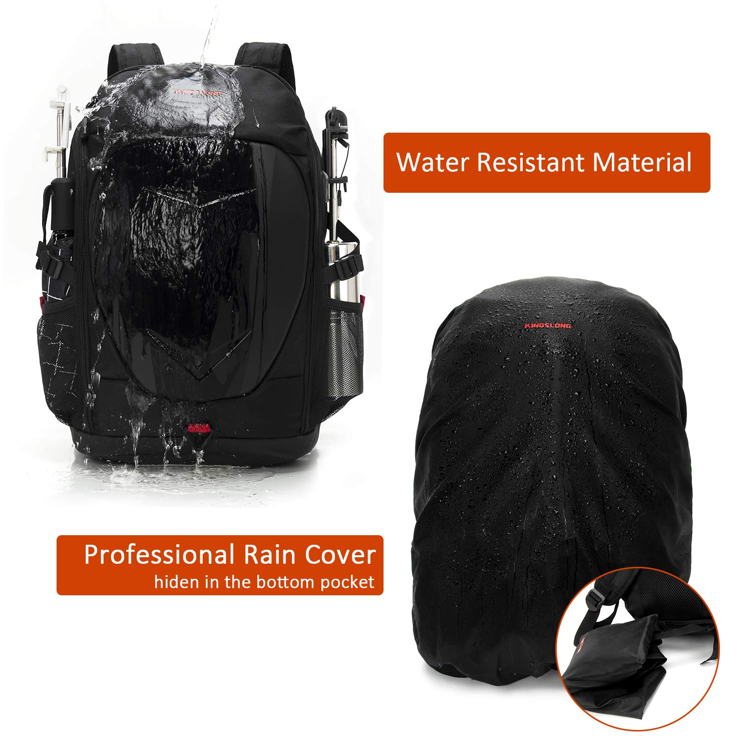 KINGSLONG 17 Inch Laptop Backpack with Hardshell, Armored Backpack with USB Port and Lightweight Rain Cover for Motorcycle Outdoor Racing Waterproof Rucksack Black