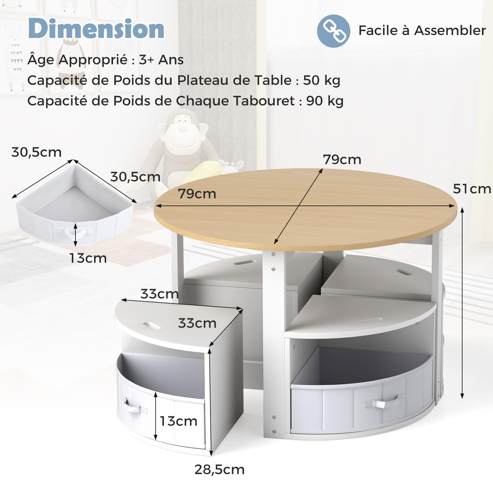 COSTWAY Table Enfant Ronde avec 4 Chaises Empilables, Table d’Activité en Bois avec 4 Tiroirs en Tissu Pliable, Bureau Montessori pour Salle de Jeux Chambre d'enfant, Charge 50/90 pour 3 Ans+