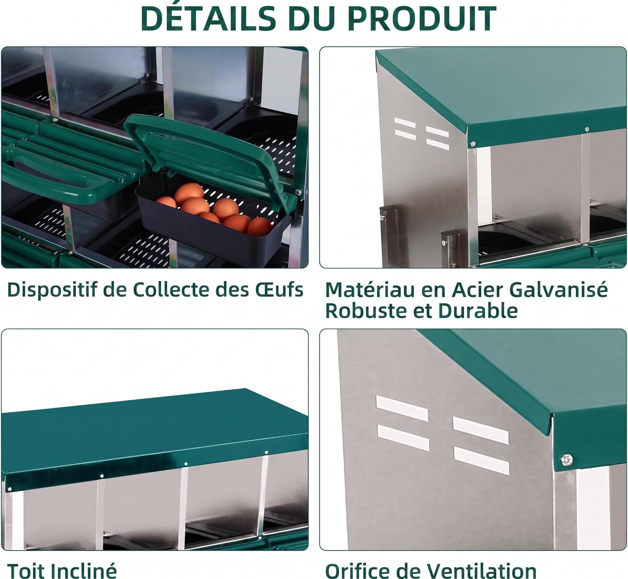 Garvee Nid à œufs en métal pour Poules – 3 Compartiments à Base inclinée & Ventilation, bac collecteur, Design abatible & Fixation Murale, Jusqu’à 15 Poules, Vert