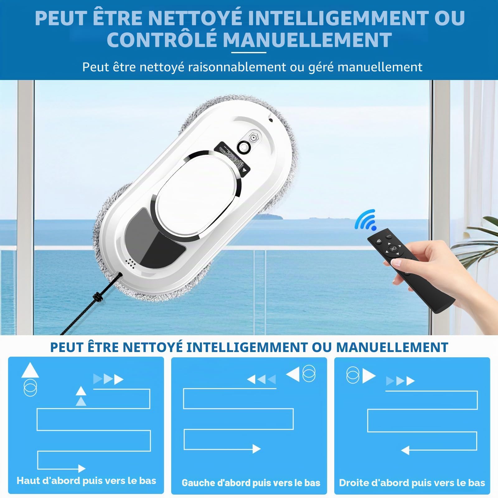 Robot Nettoyeur Vitre, 5600Pa Robot Laveur de Vitre Automatique avec Pulvérisation d'eau, Lave Vitre Automatique avec 3 Modes de Nettoyage, Navigation Intelligente et Système de Protection