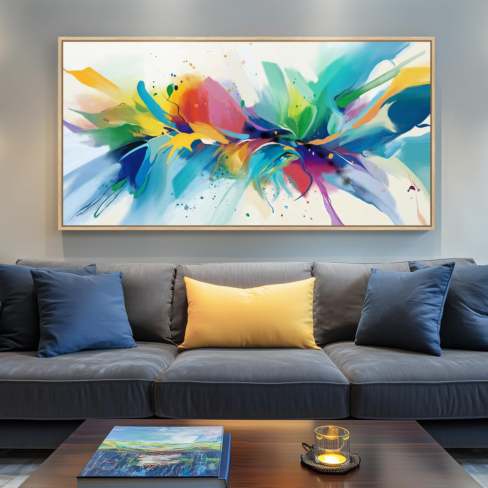 Large Framed Colorful Abstract Wall Art for Living Room, Modern Horizontal Bright Canvas Prints Paintings Artwork for Walls, Bold Color Pictures for Hallway Dining Bedroom Office Wall Decor 30x60 In
