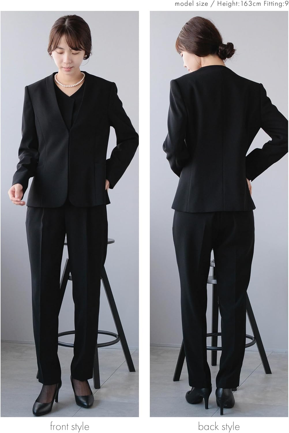 [NEVEREND] ブラックフォーマル パンツスーツ レディース 洗える 礼服 セレモニースーツ 喪服 ノーカラージャケット 冠婚