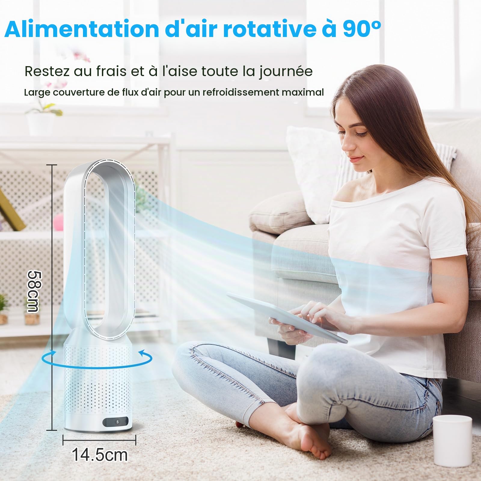 Ventilateur Colonne Silencieux, 58cm Ventilateur sans Pale