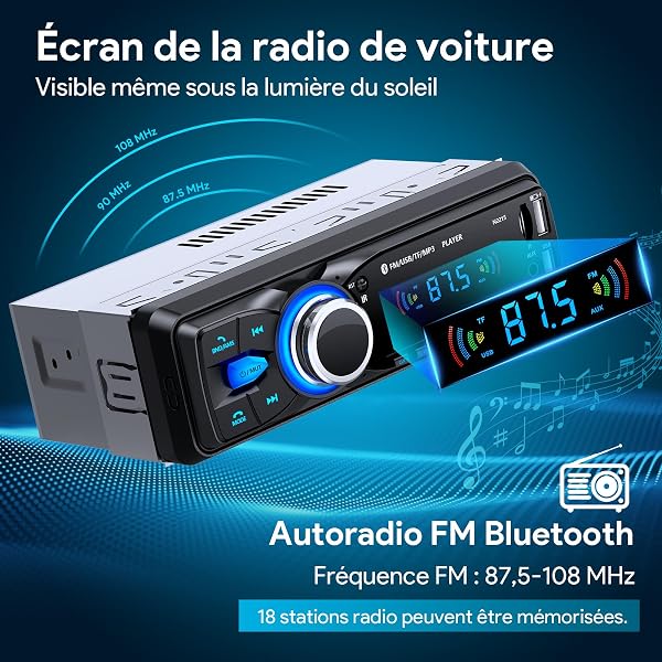 Chismos Autoradio Bluetooth Main Libre 5.0, FM Poste Radio Voiture Bluetooth, Autoradio 1 Din pour 9-12V Voiture Supporte 2 USB/AUX/SD/TF/MP3, Supporte iOS/Android - 4