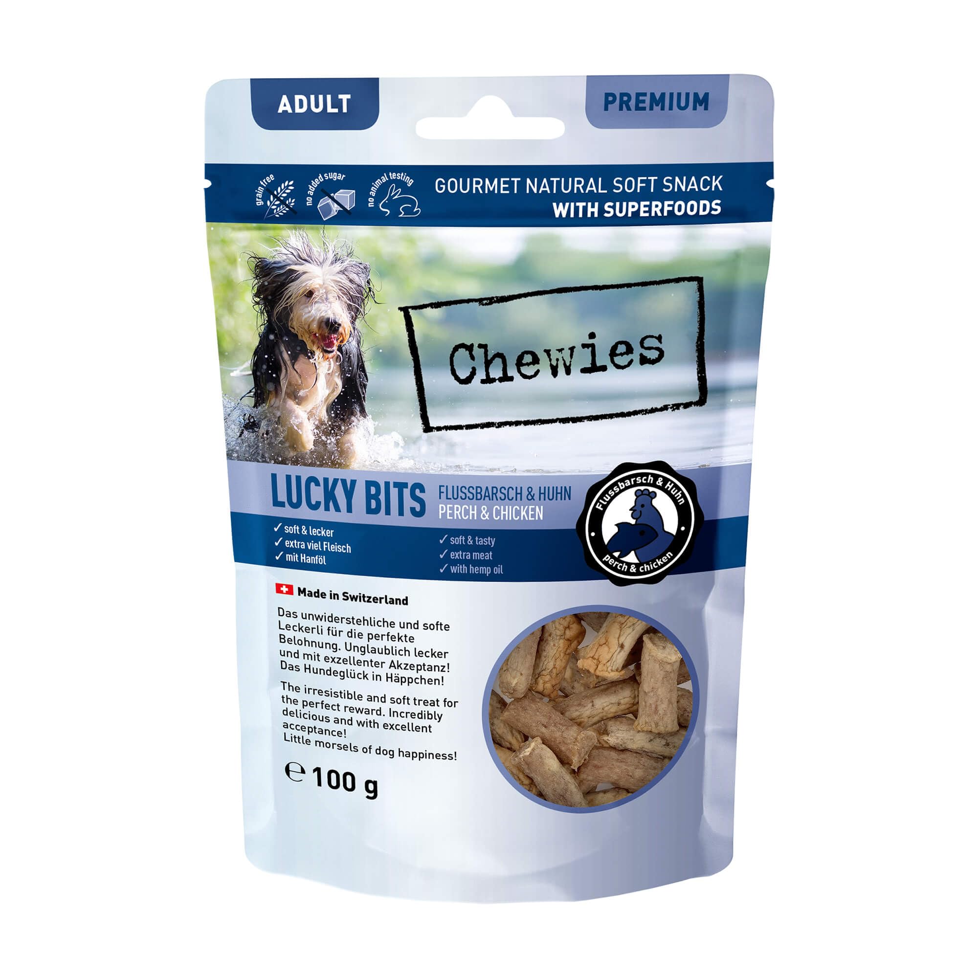 Chewies Para Adultos. Lucky Bits - Golosinas Para Perros De Perca De Río Y Pollo Para Adultos, Sin Cereales Y Suaves, Con Muchas Proteínas Y Superalimentos Como Levadura De Cerveza O Ginkgo, Sin Azúcar (100 G)