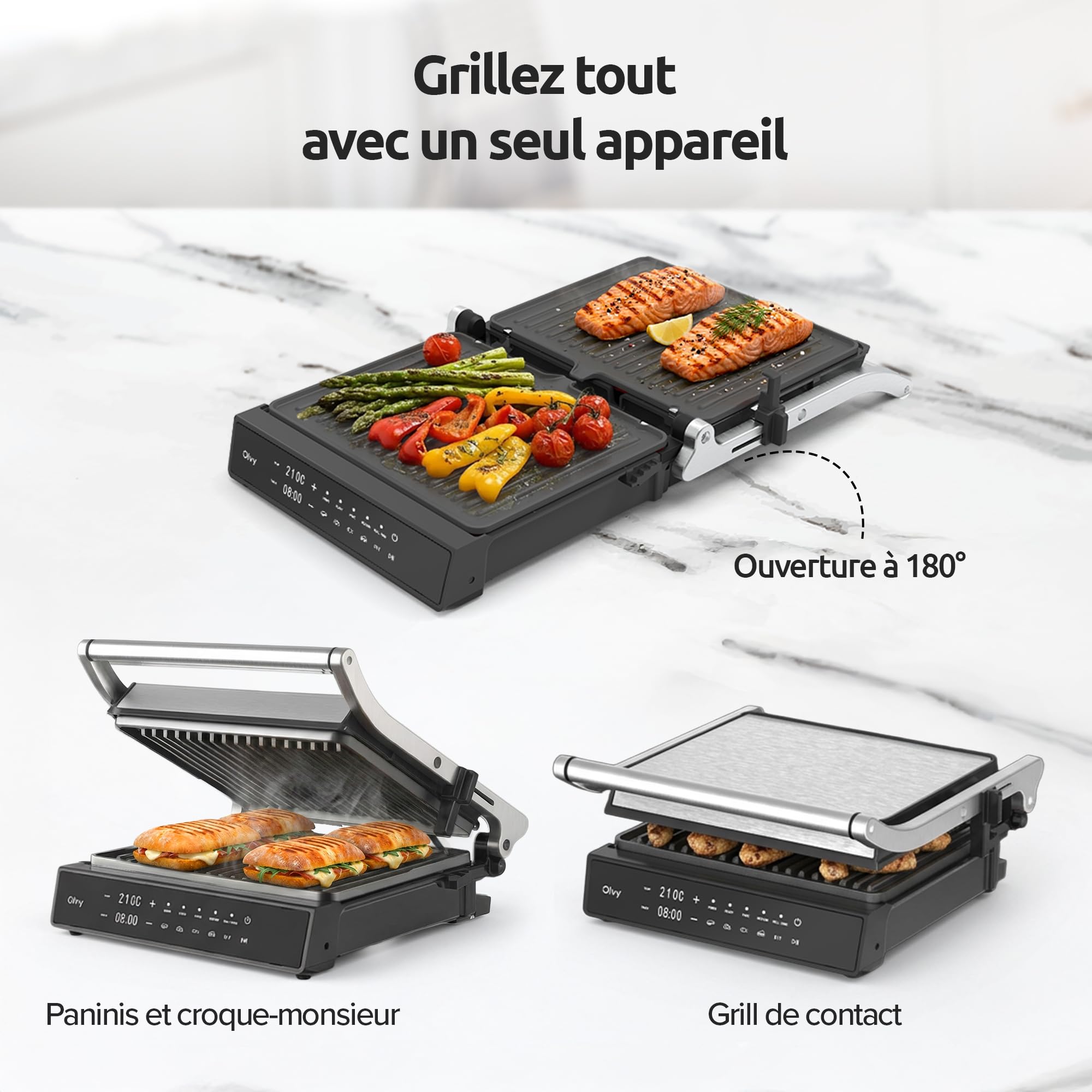 Olvy Grill de Contact 2000W Écran Tactile Sans PFAS 5 Programmes Automatiques Ouverture 180° Plaques Amovibles Antiadhésives Thermostat Minuteur Panini Croque Monsieur Steak