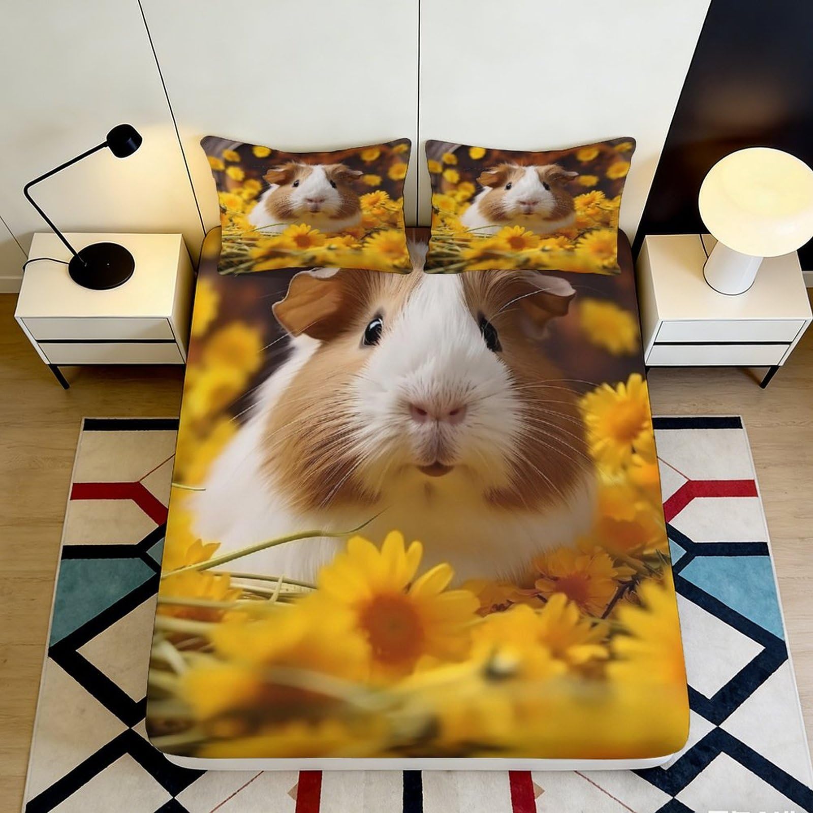 3D Printed Sunflower Guinea Pig Fitted Sheet Microfiber Deep Pocket Non-Slip Bedding Sunflower Guinea Pig Mattress Fitted Cover 90x200x25cm