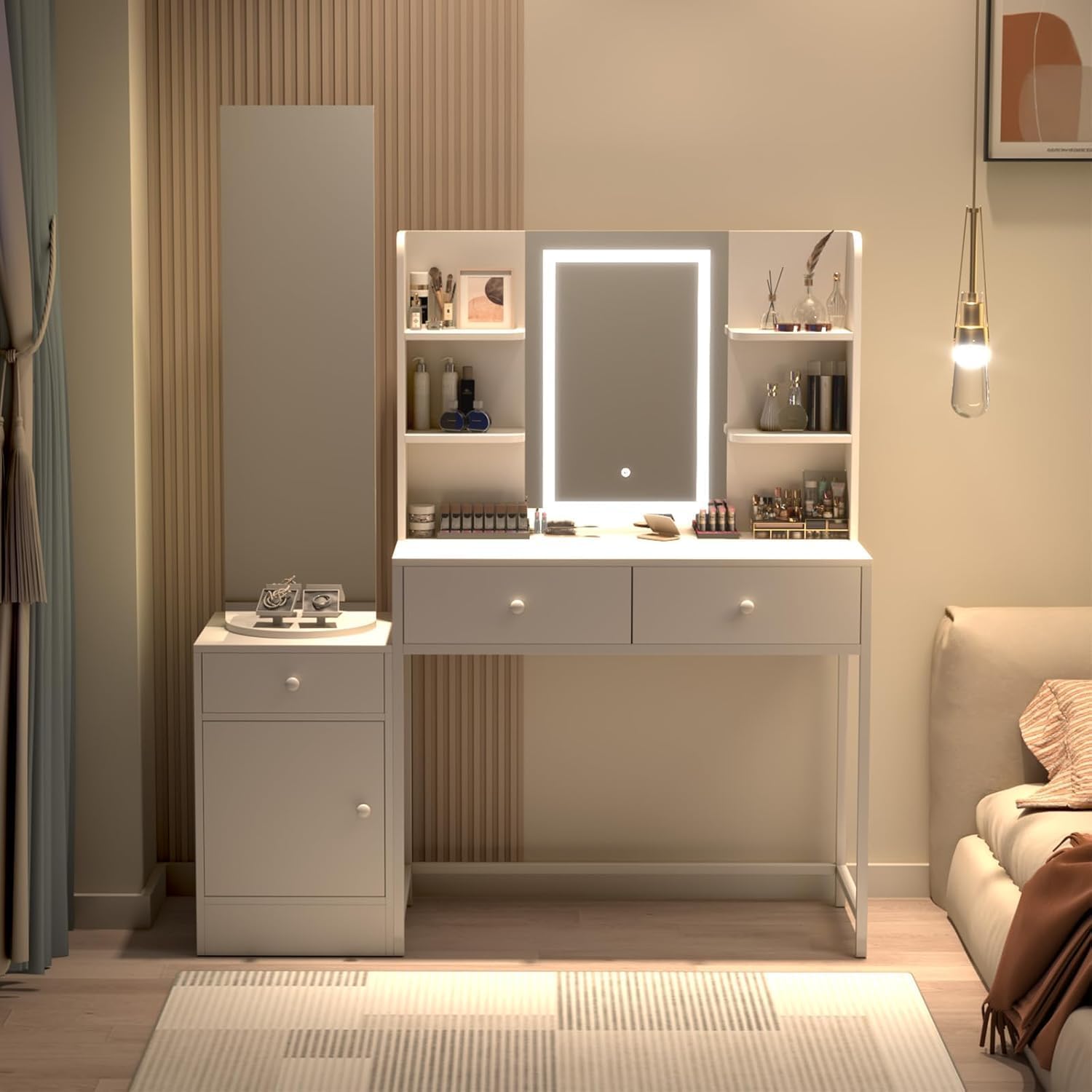 Vanity Desk with LED Lighted Mirror, Makeup Table with Drawers, Cabinet, Open Shelves, 3 Light Modes, Swivel Mirror with Storage Shelf